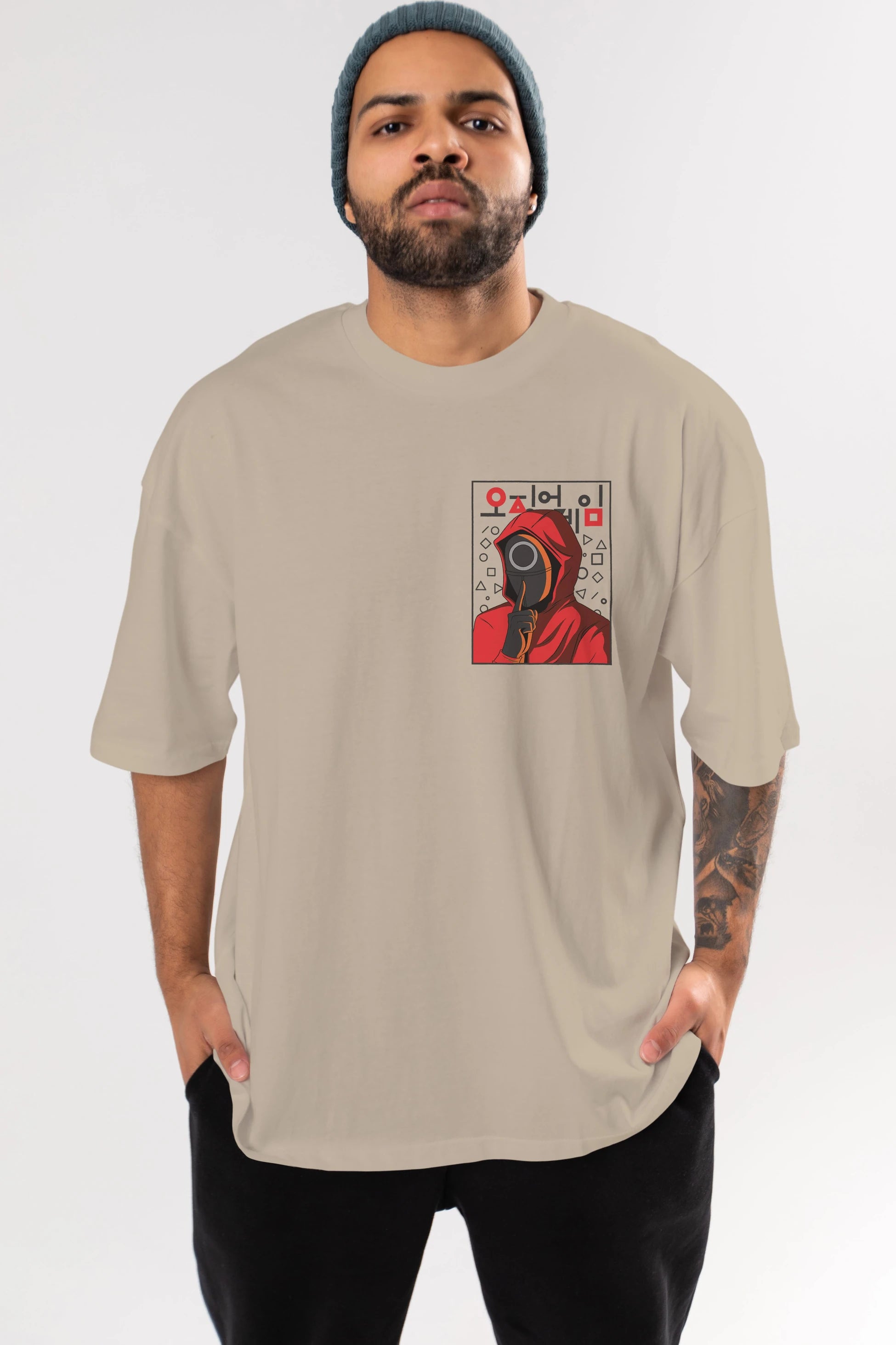 Squid Game (5) Ön Sol Baskılı Oversize t-shirt Erkek Kadın Unisex %100 Pamuk Bisiklet Yaka tişort