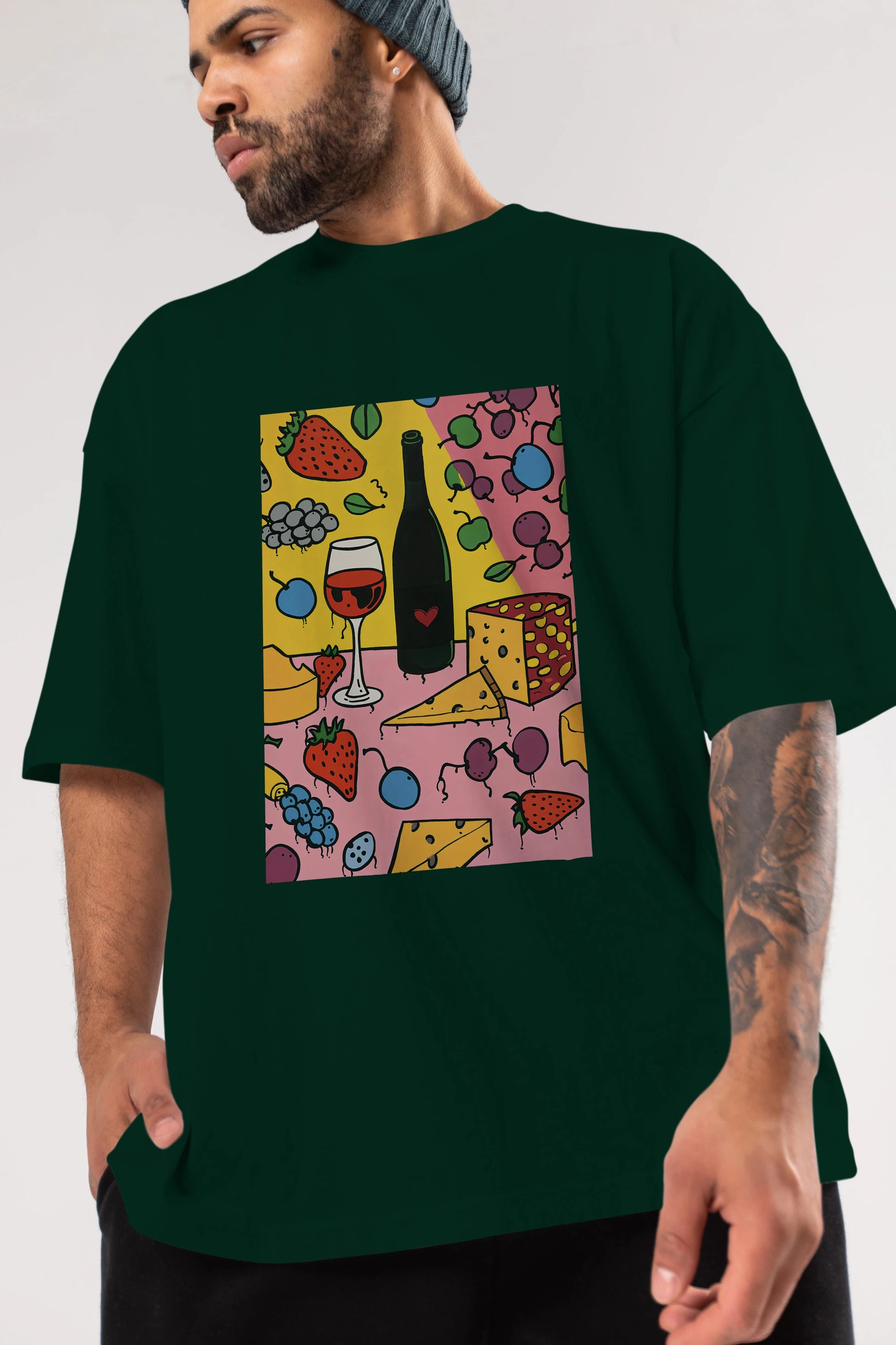 Wine Cheese Fruits Ön Baskılı Oversize t-shirt Erkek Kadın Unisex %100 Pamuk Bisiklet Yaka tişort