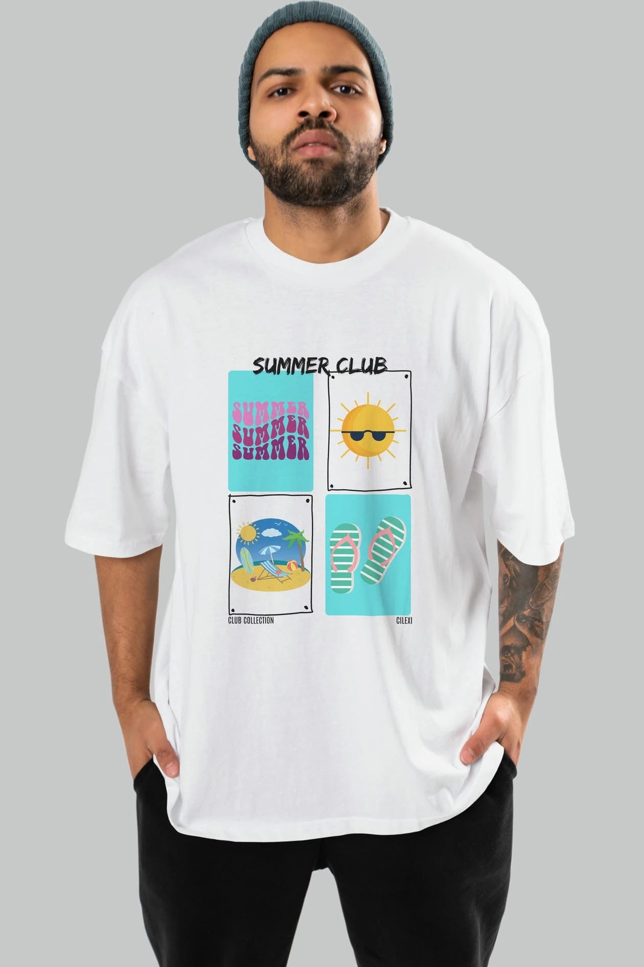 Summer Club ön Baskılı Oversize t-shirt Erkek Kadın %100 Pamuk Bisiklet Yaka tişort