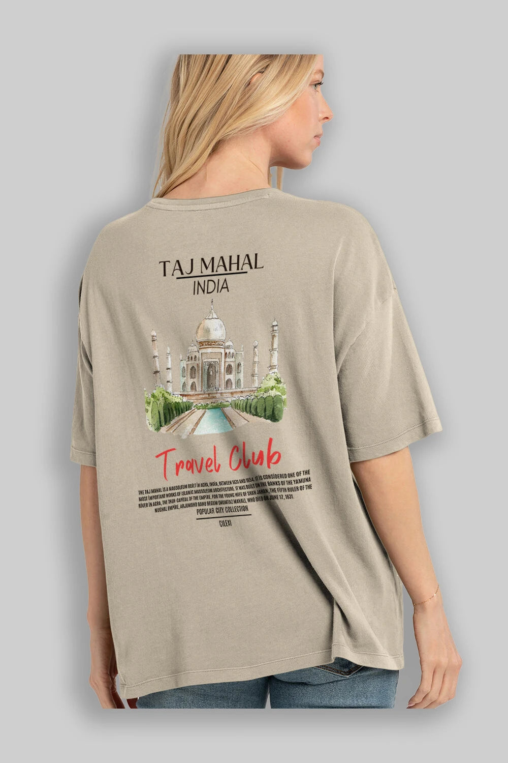 Taj Mahal İndia Arka Baskılı Oversize t-shirt Erkek Kadın Pamuk Bisiklet Yaka tişort