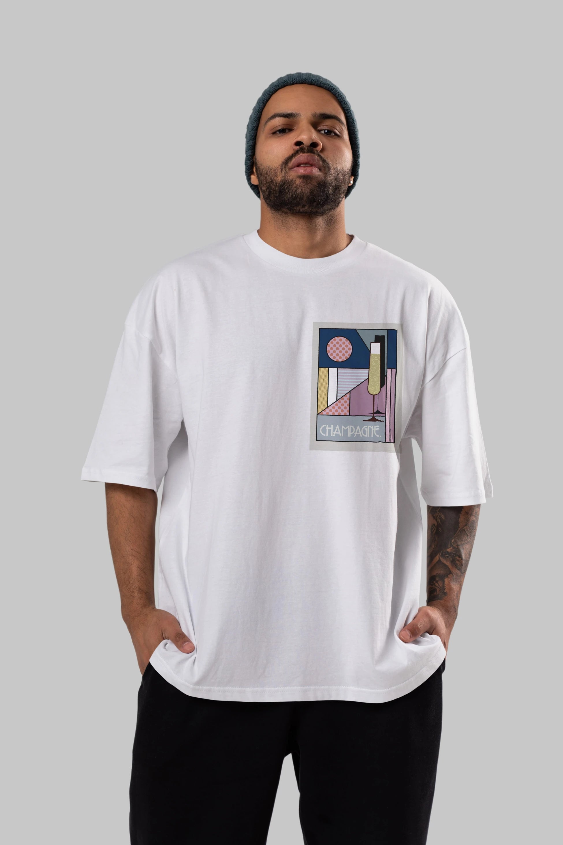 Champagne Ön Sol Baskılı Oversize t-shirt Erkek Kadın Unisex %100 Pamuk Bisiklet Yaka tişort