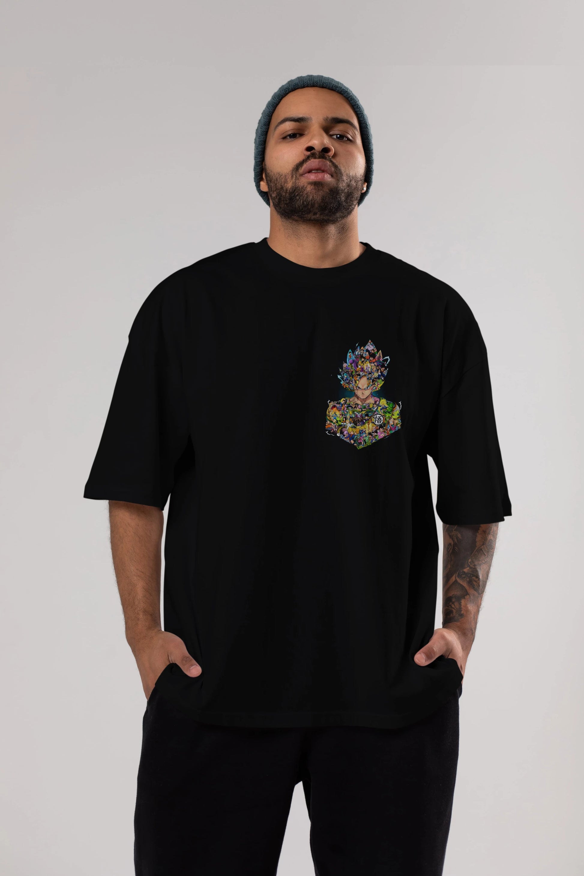 DRAGON BALL ART Ön Sol Baskılı Oversize t-shirt Erkek Kadın Unisex %100 Pamuk Bisiklet Yaka tişort