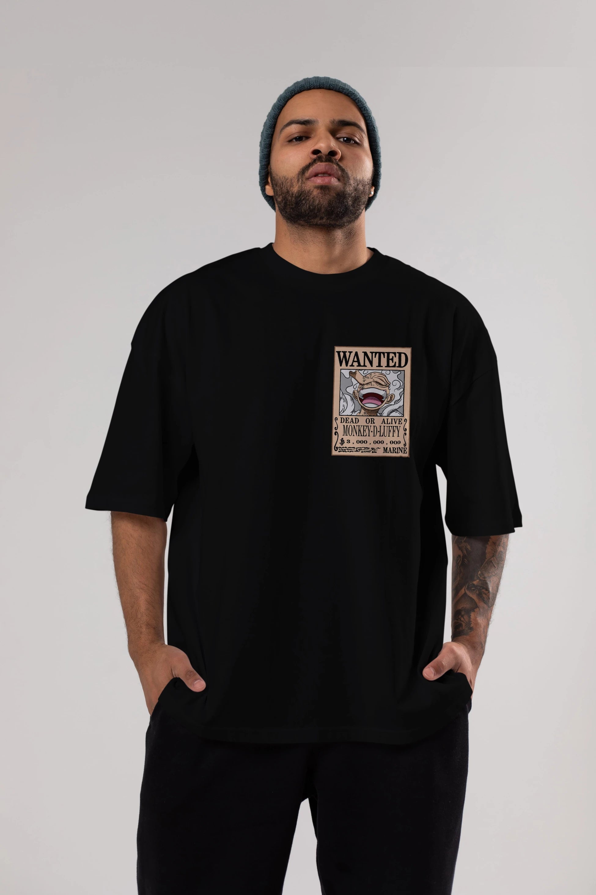 CARTEL LUFFY GEAR 5 Ön Sol Baskılı Oversize t-shirt Erkek Kadın Unisex %100 Pamuk Bisiklet Yaka tişort