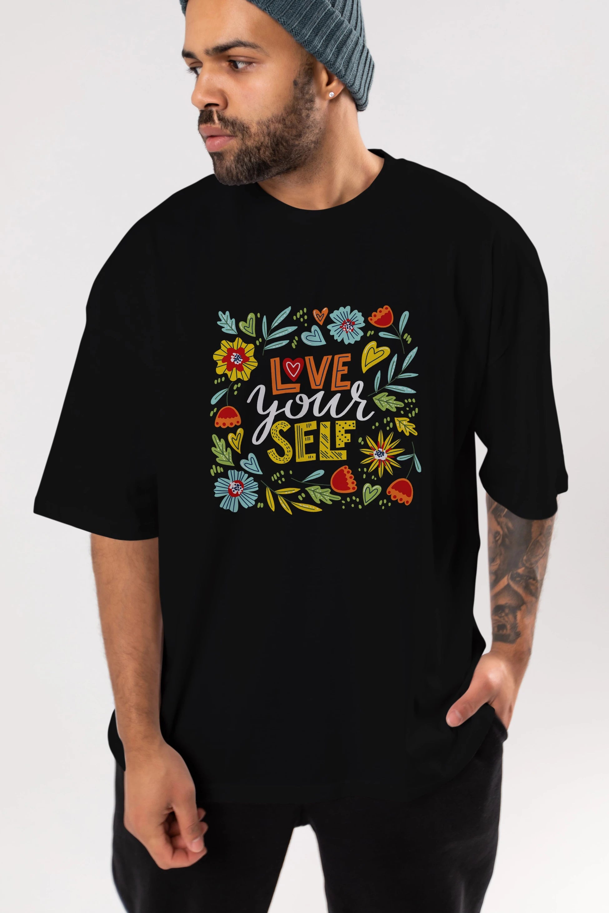 Love Yourself Yazılı Ön Baskılı Oversize t-shirt Erkek Kadın Unisex