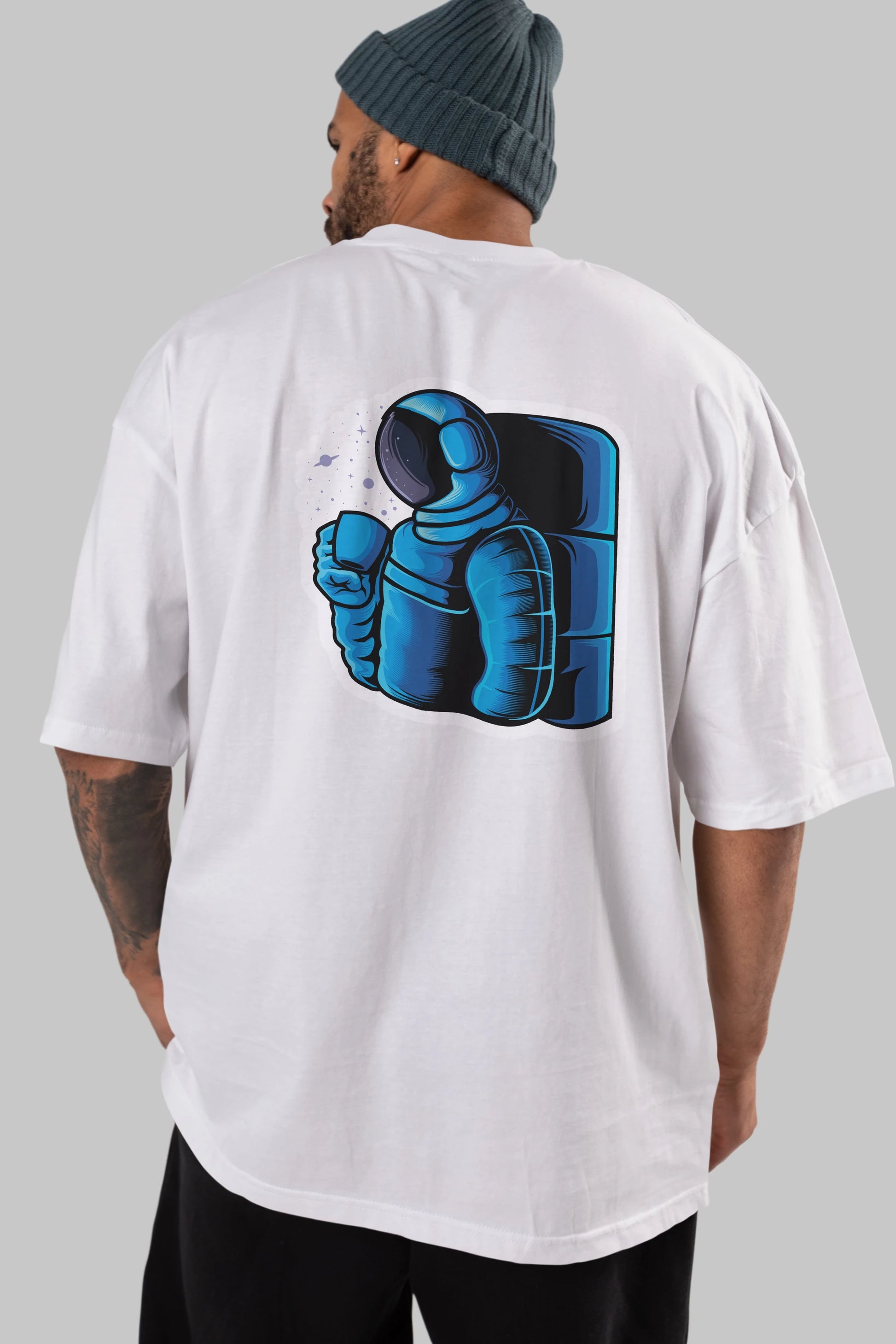 Drinking coffee in space sticker Arka Baskılı Oversize t-shirt Erkek Kadın Unisex