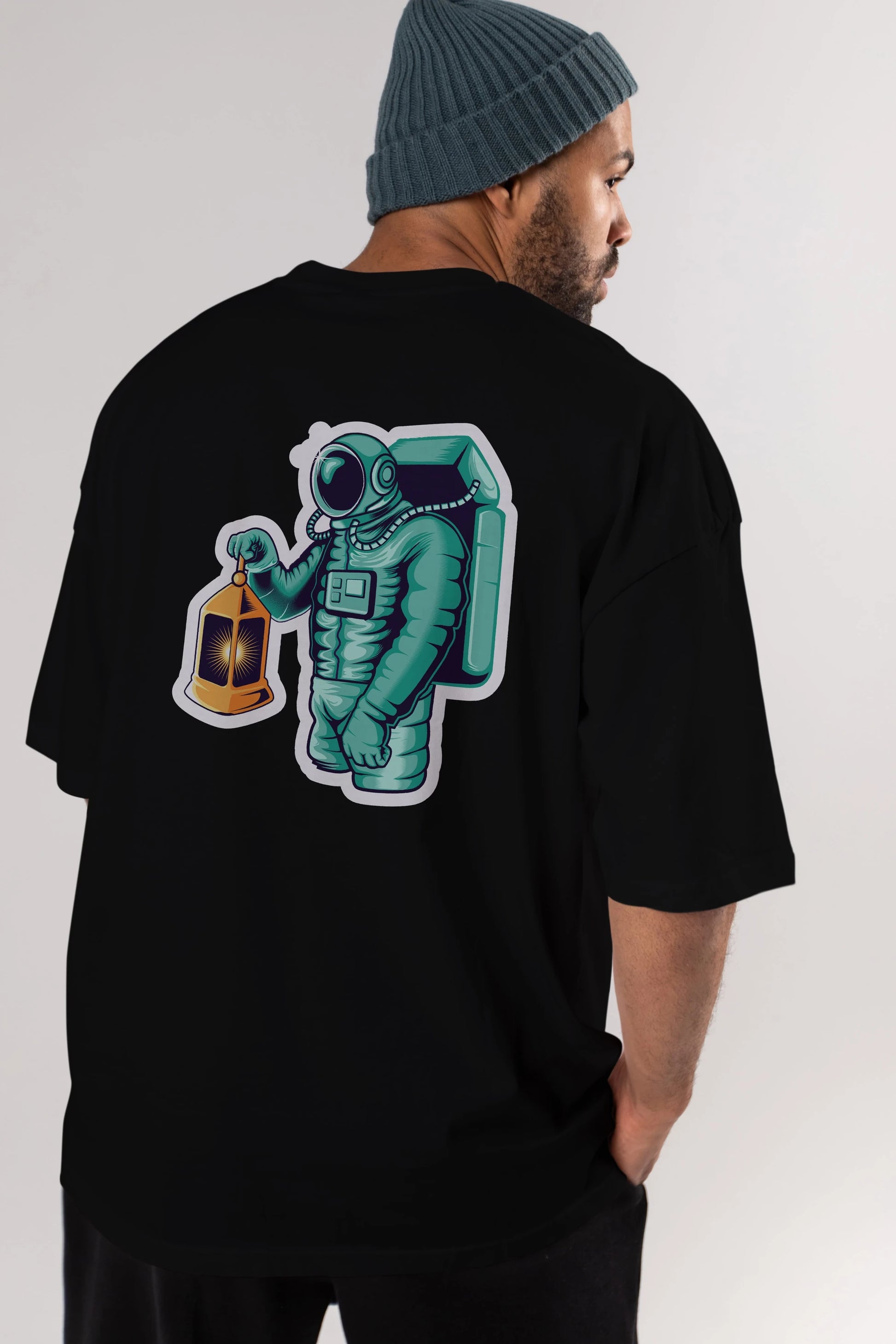 Astronaut Lantern Sticker Arka Baskılı Oversize t-shirt Erkek Kadın Unisex