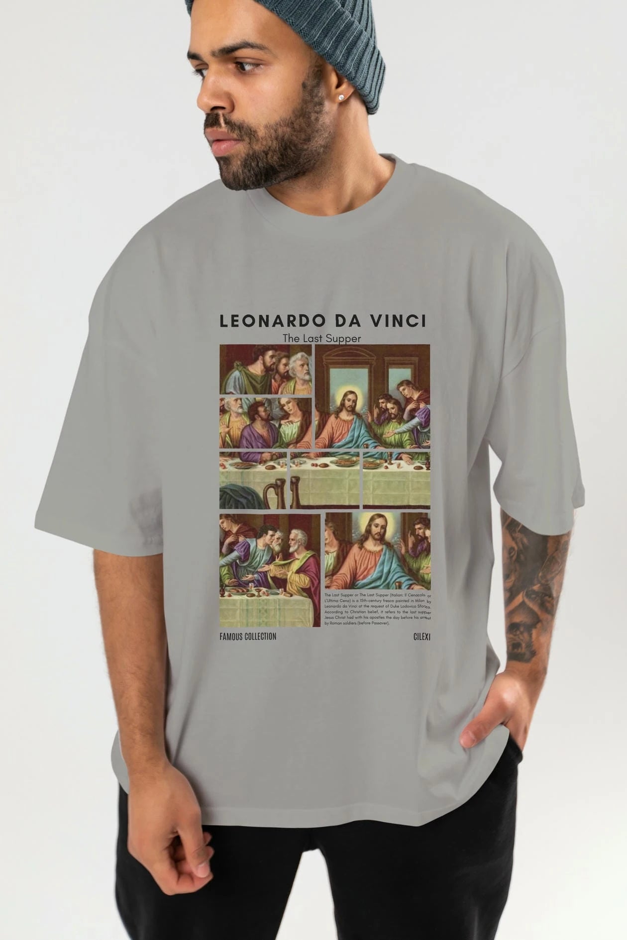 Leonardo Da Vinci ön Baskılı Oversize t-shirt Erkek Kadın Bisiklet Yaka Pamuk tişort