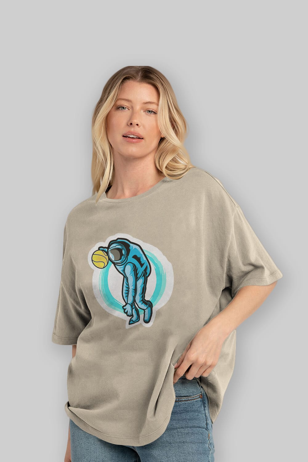 Astronaut Dribble Sticker Ön Baskılı Oversize t-shirt Erkek Kadın Unisex