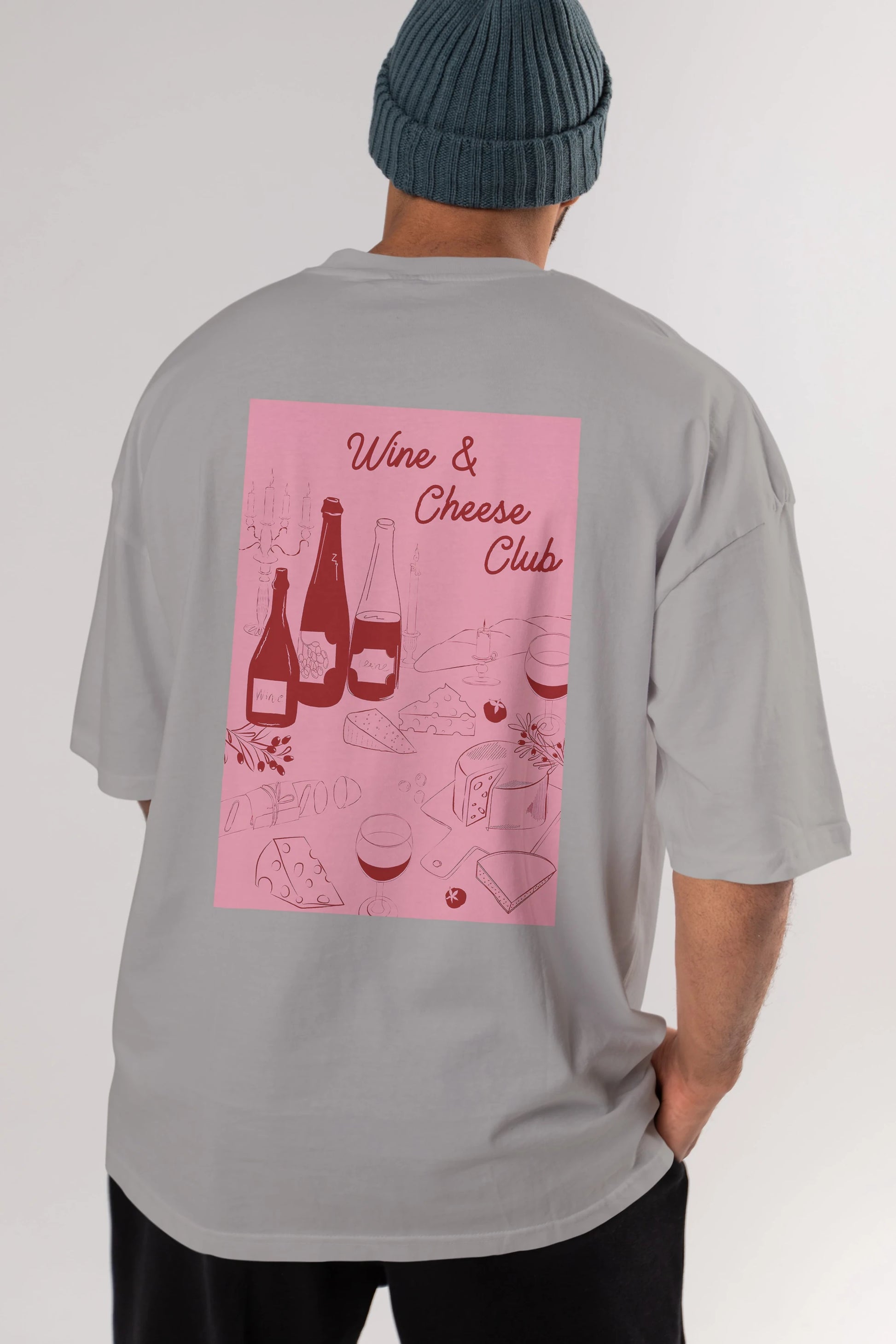 Wine Cheese Club Arka Baskılı Oversize t-shirt Erkek Kadın Unisex %100 Pamuk Bisiklet Yaka tişort