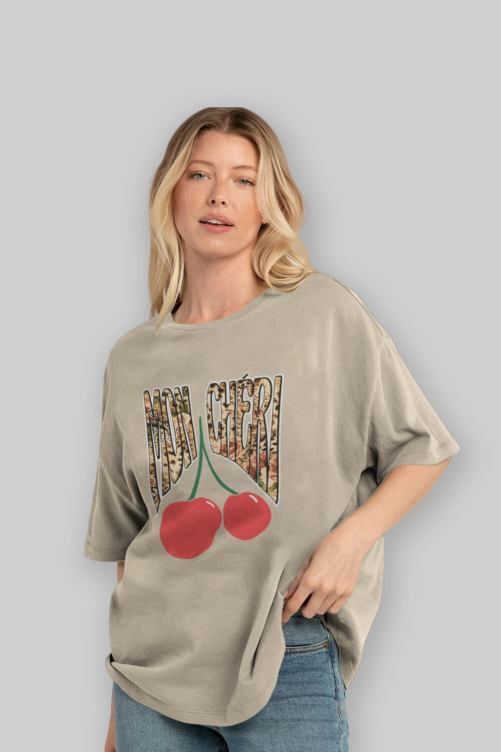Mon Cherry Cherries Ön Baskılı Oversize t-shirt Erkek Kadın Pamuk Bisiklet Yaka tişort
