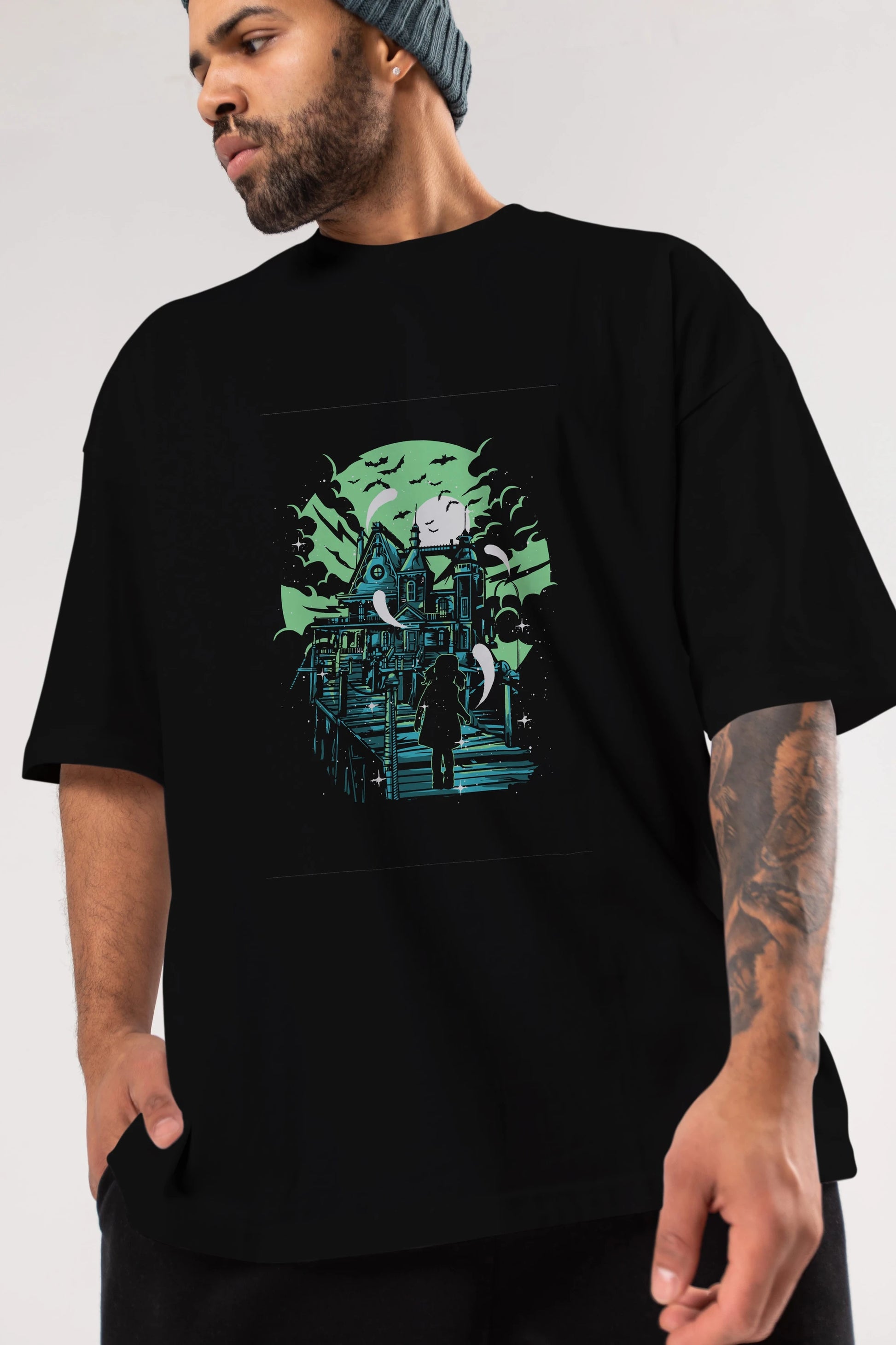 Haunted House Ön Baskılı Oversize t-shirt Erkek Kadın Unisex %100 Pamuk tişort