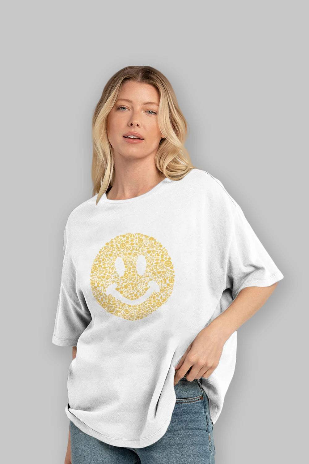 Smiley Ön Baskılı Oversize t-shirt %100 pamuk Erkek Kadın Unisex