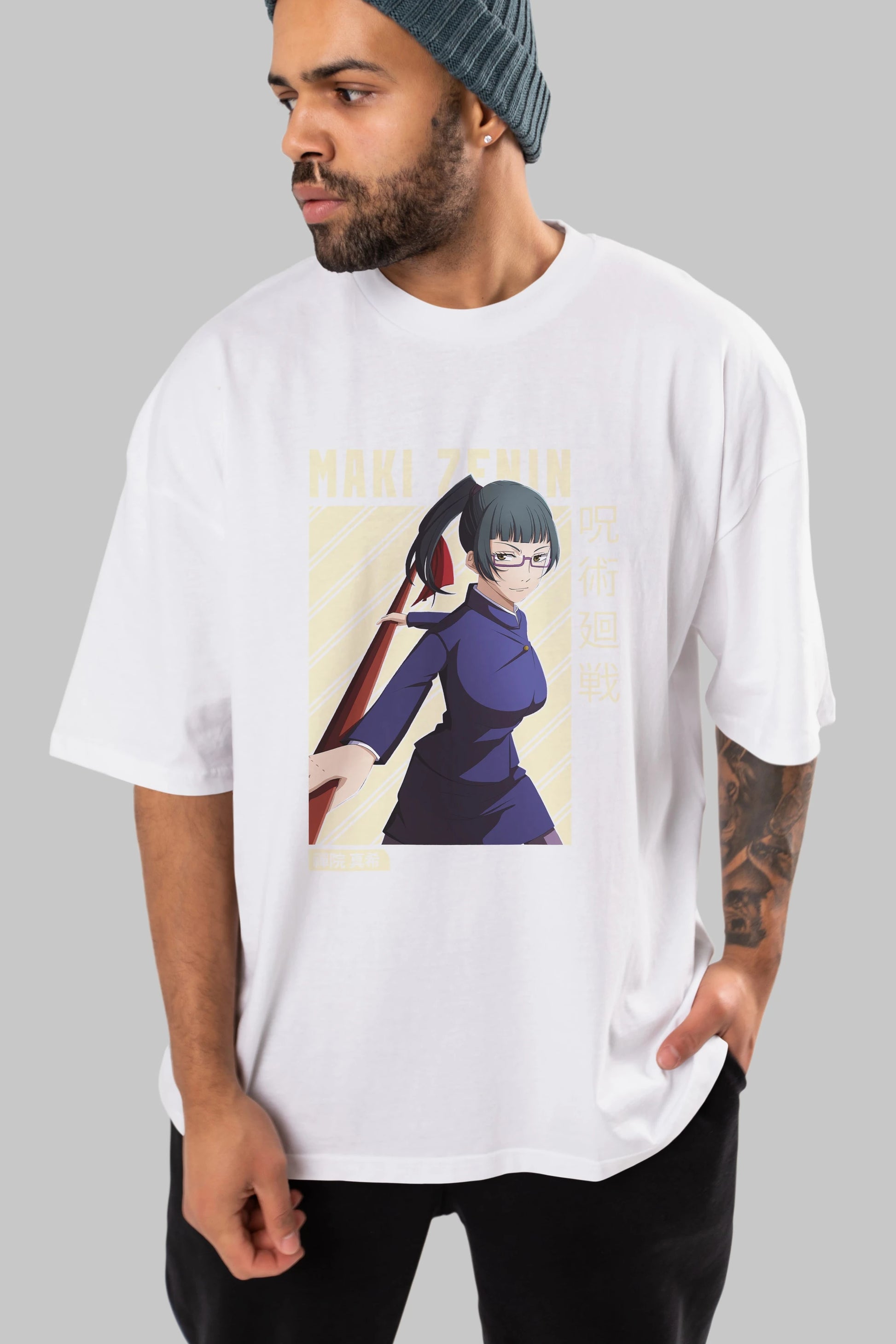 Maki Zenin CHAİNSAWMAN Anime Ön Baskılı Oversize t-shirt %100 pamuk Erkek Kadın Unisex