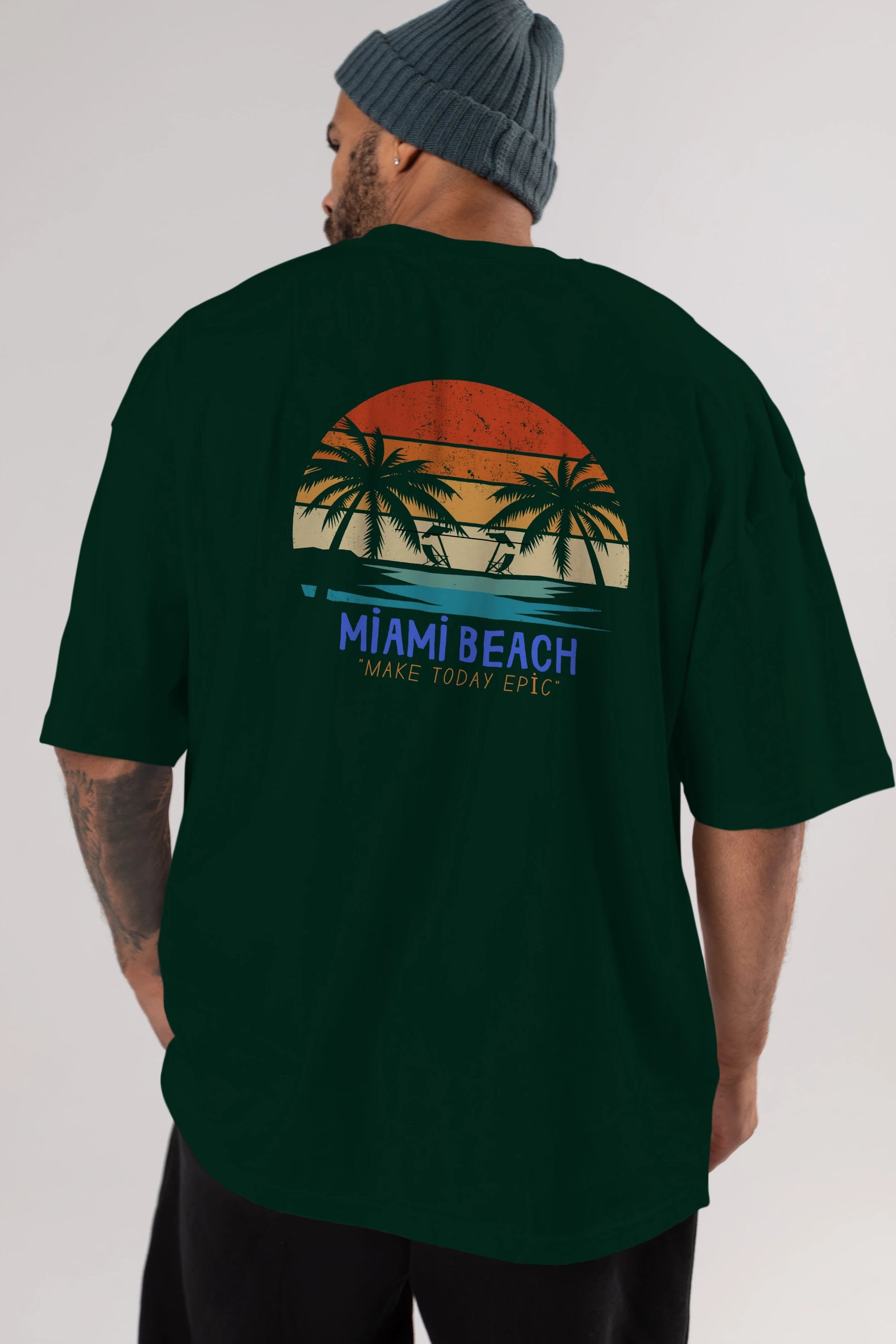 Miami Beach Yazılı Arka Baskılı Oversize t-shirt Erkek Kadın Unisex