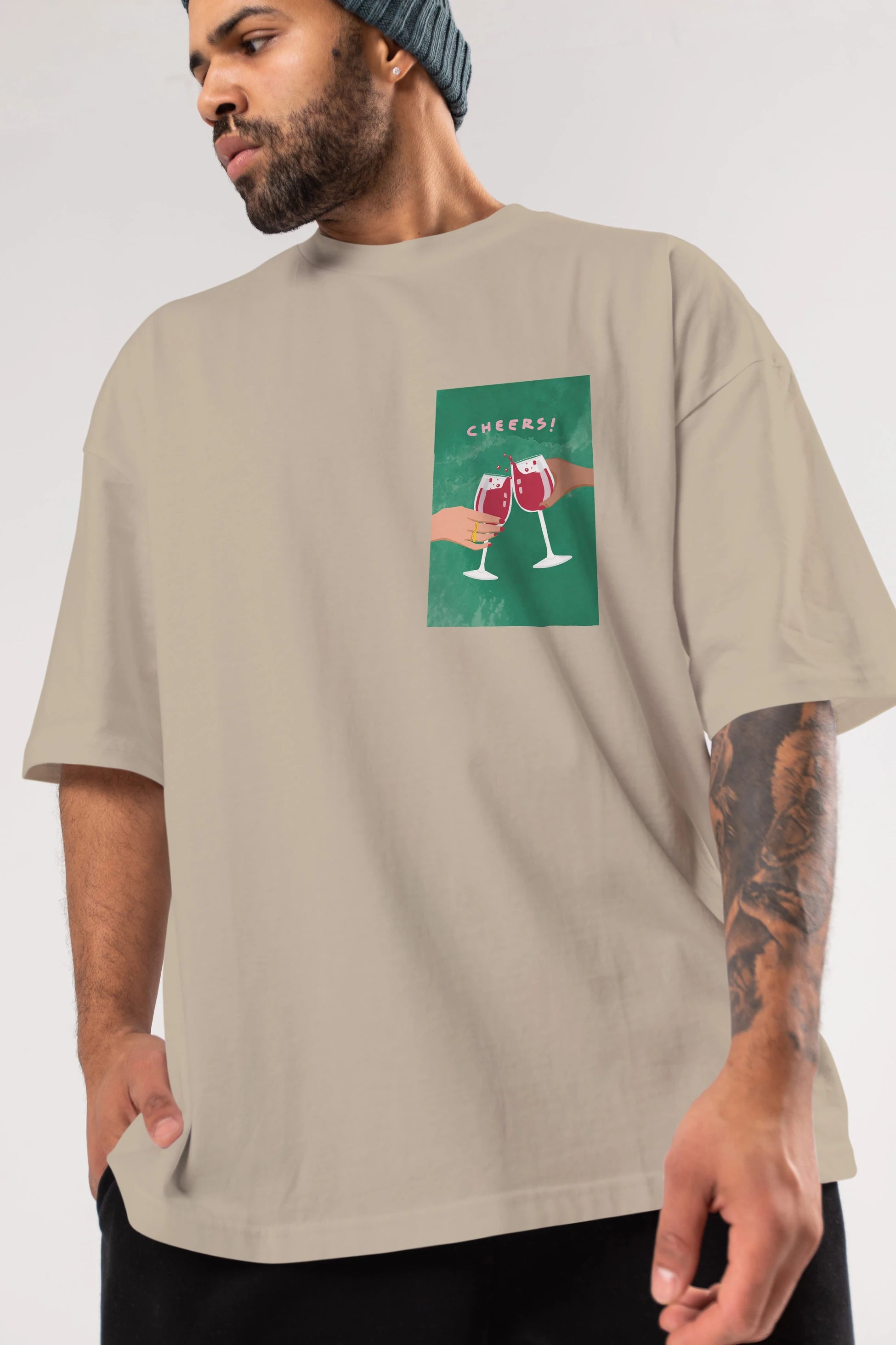 Cheers Ön Sol Baskılı Oversize t-shirt Erkek Kadın Unisex %100 Pamuk Bisiklet Yaka tişort