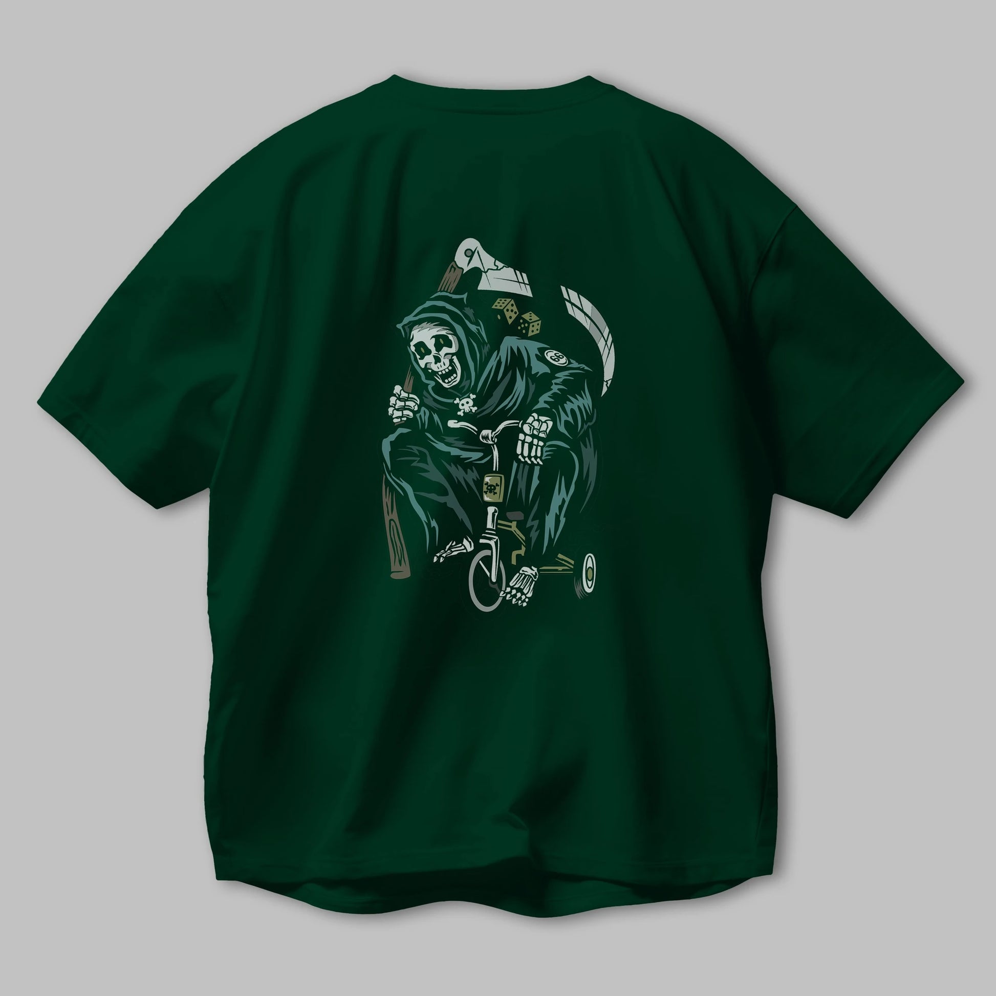 Grim Reaper Bicycle Arka Baskılı Oversize t-shirt Erkek Kadın Unisex %100 Pamuk tişort