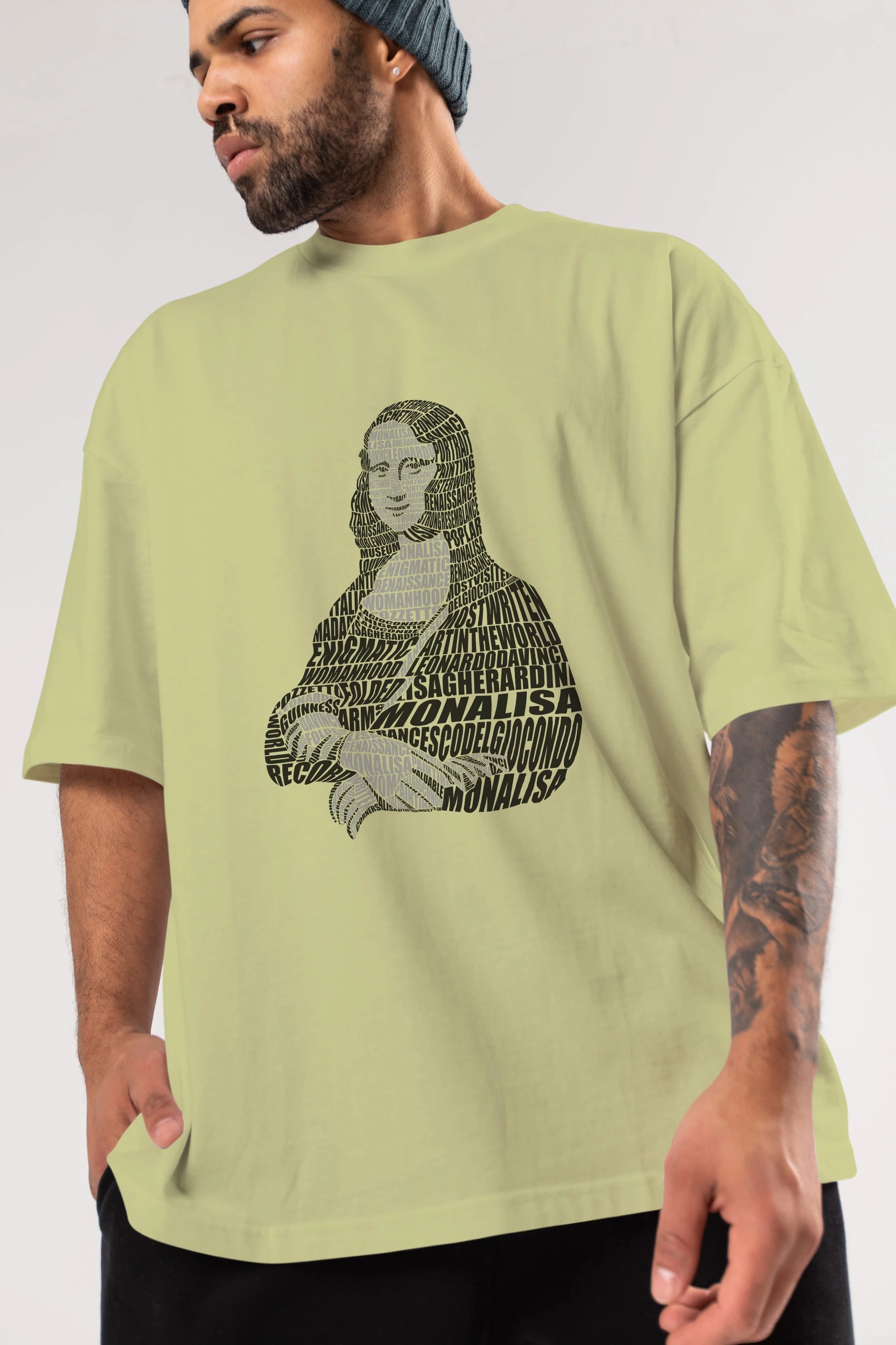 Mona Lisa Calligram Ön Baskılı Oversize t-shirt %100 pamuk Erkek Kadın Unisex