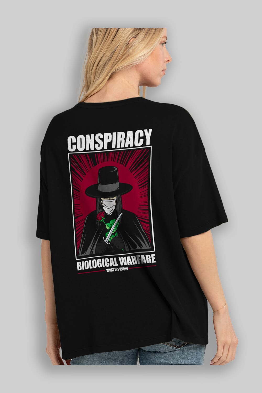Vendetta Masker Arka Baskılı Oversize t-shirt Erkek Kadın Unisex %100 Pamuk tişort