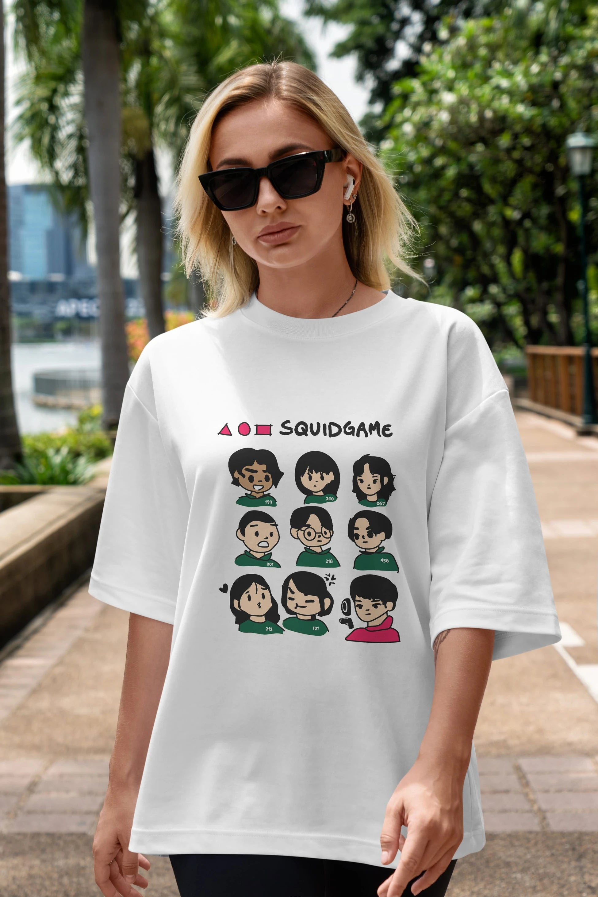 Squid Game (3) Ön Baskılı Oversize t-shirt Erkek Kadın Unisex %100 Pamuk Bisiklet Yaka tişort