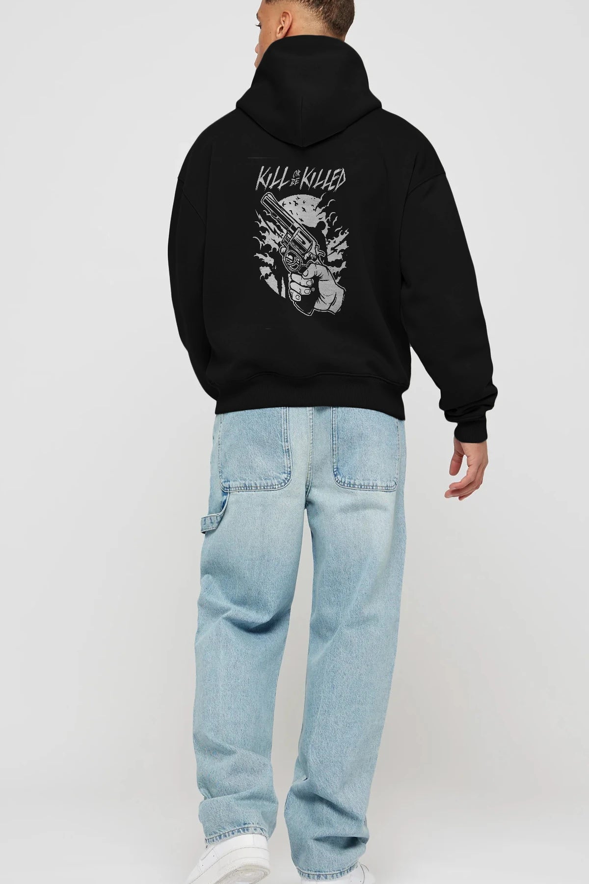Zombie Shooter Arka Baskılı Hoodie Oversize Kapüşonlu Sweatshirt Erkek Kadın Unisex