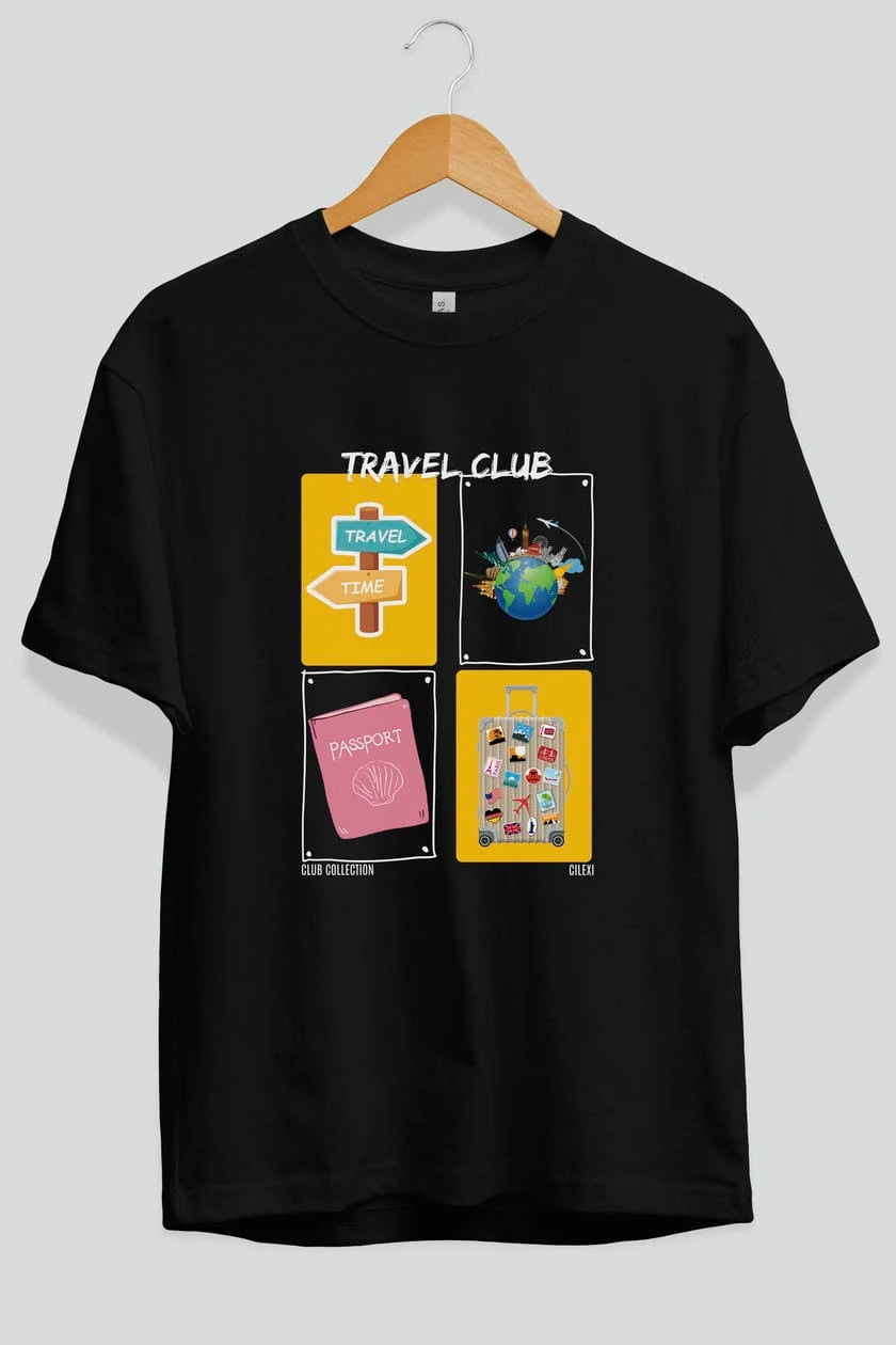 Travel Club ön Baskılı Oversize t-shirt Erkek Kadın %100 Pamuk Bisiklet Yaka tişort