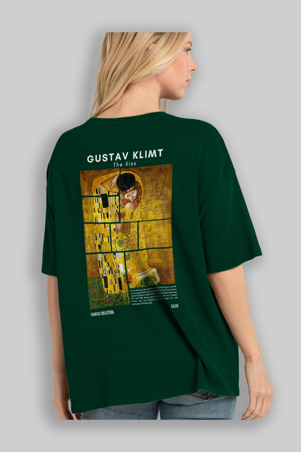 Gustav Klimt The Kiss Arka Baskılı Oversize t-shirt Erkek Kadın Bisiklet Yaka Pamuk tişort