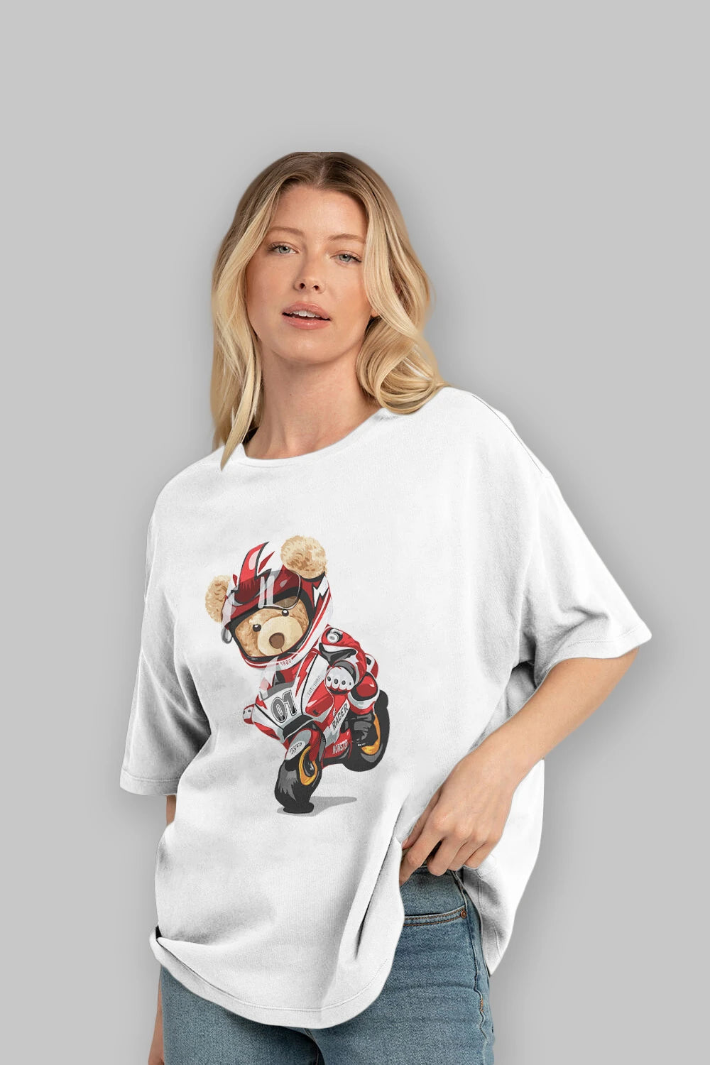Teddy Bear Racer Ön Baskılı Oversize t-shirt Erkek Kadın Unisex %100 Pamuk