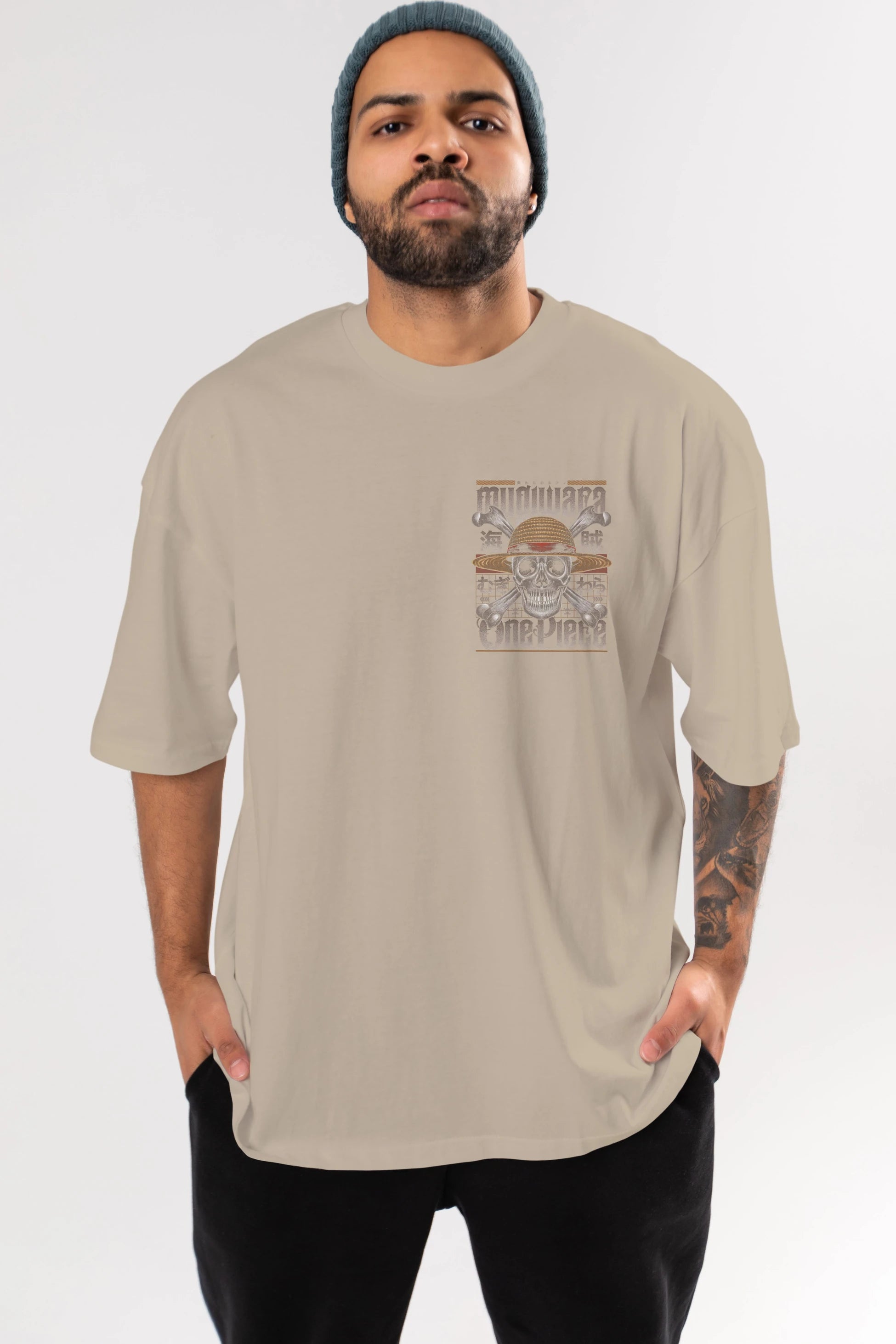ONE PIECE (2) Ön Sol Baskılı Oversize t-shirt Erkek Kadın Unisex %100 Pamuk Bisiklet Yaka tişort