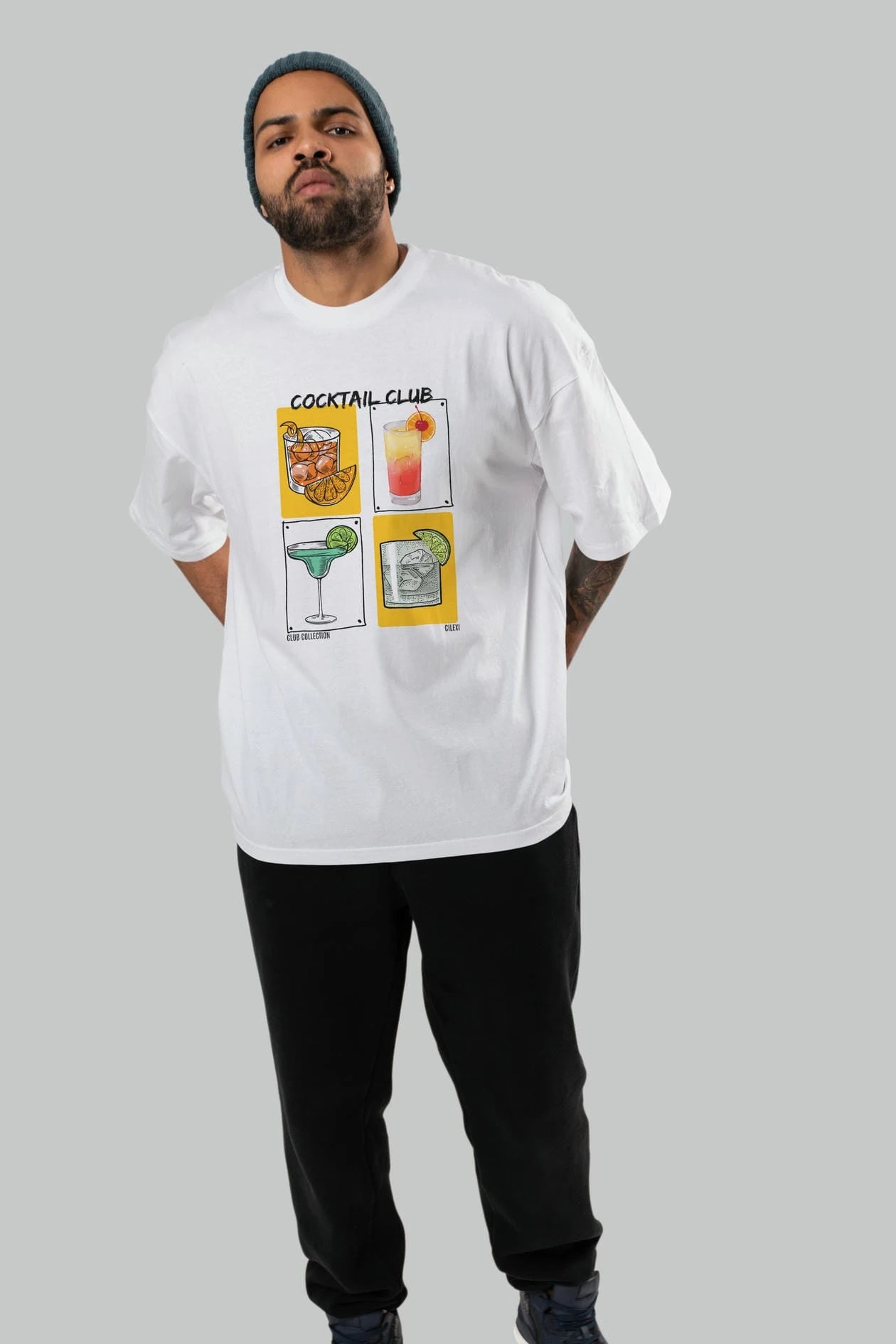 Cocktail Club ön Baskılı Oversize t-shirt Erkek Kadın %100 Pamuk Bisiklet Yaka tişort