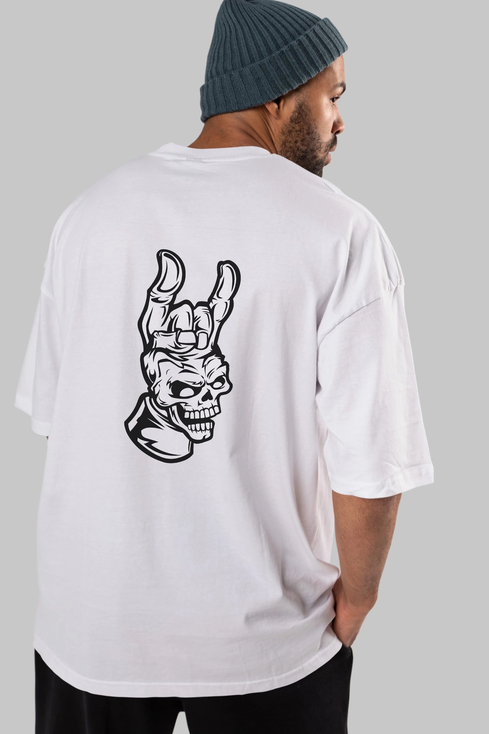Hand Metal Skull Arka Baskılı Oversize t-shirt Erkek Kadın Unisex %100 Pamuk tişort