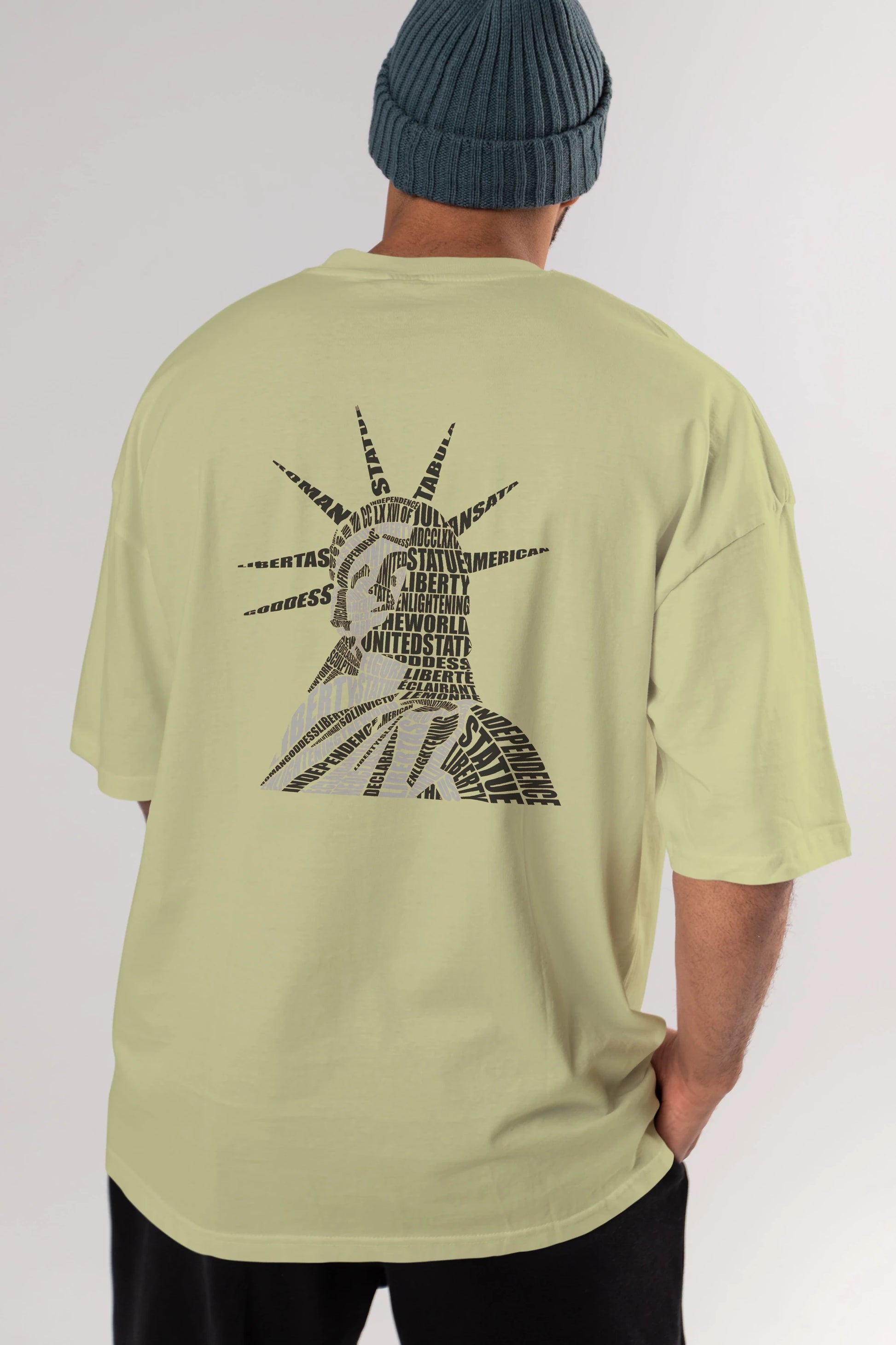 Liberty Statue Calligram Arka Baskılı Oversize t-shirt %100 pamuk Erkek Kadın Unisex