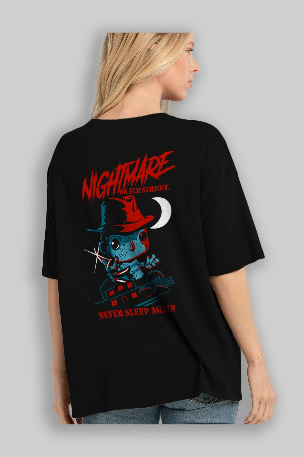 Nightmare Elm Sokağı Arka Baskılı Oversize t-shirt Erkek Kadın Unisex %100 Pamuk Bisiklet Yaka tişort