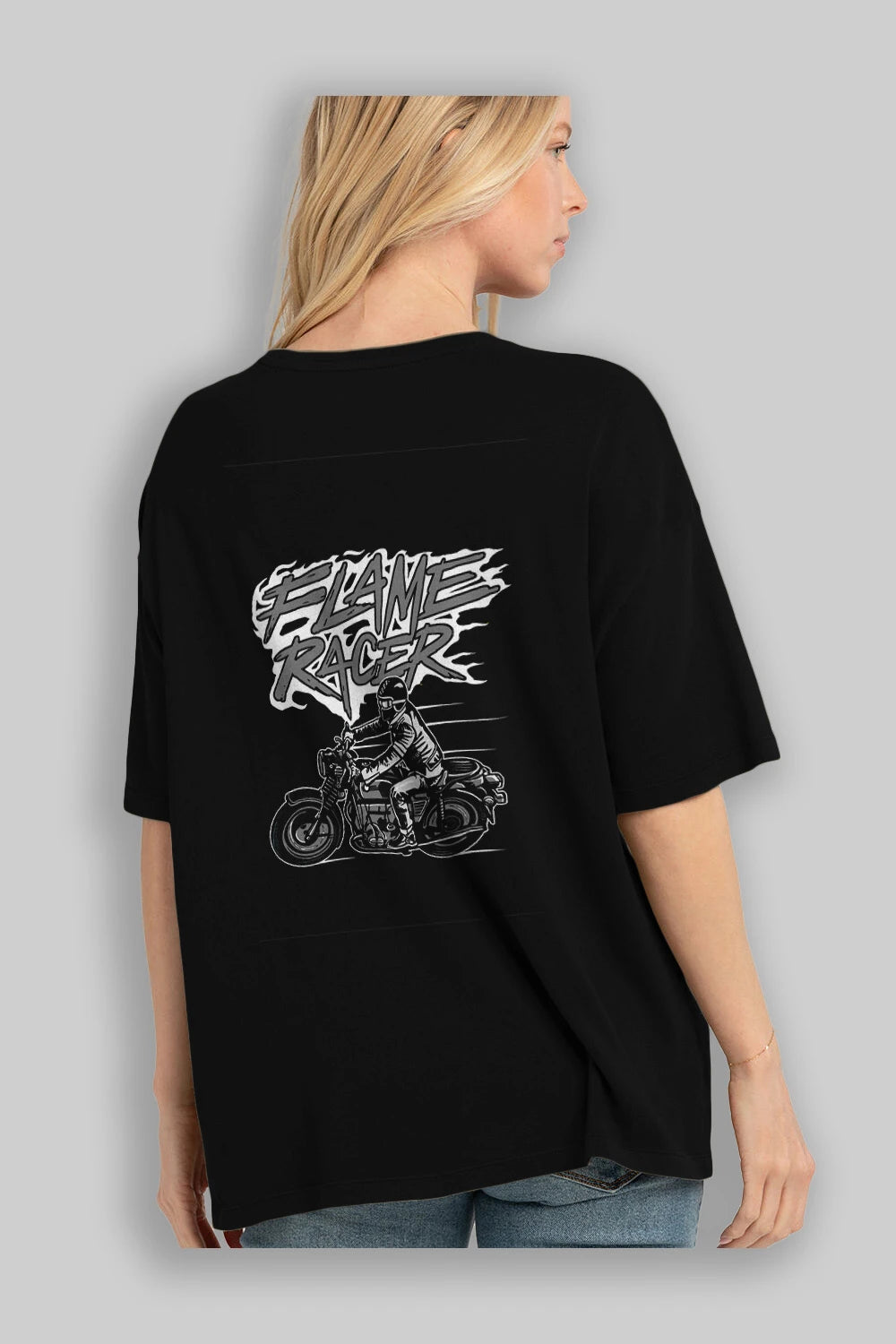 Flame Racer Arka Baskılı Oversize t-shirt Erkek Kadın Unisex %100 Pamuk