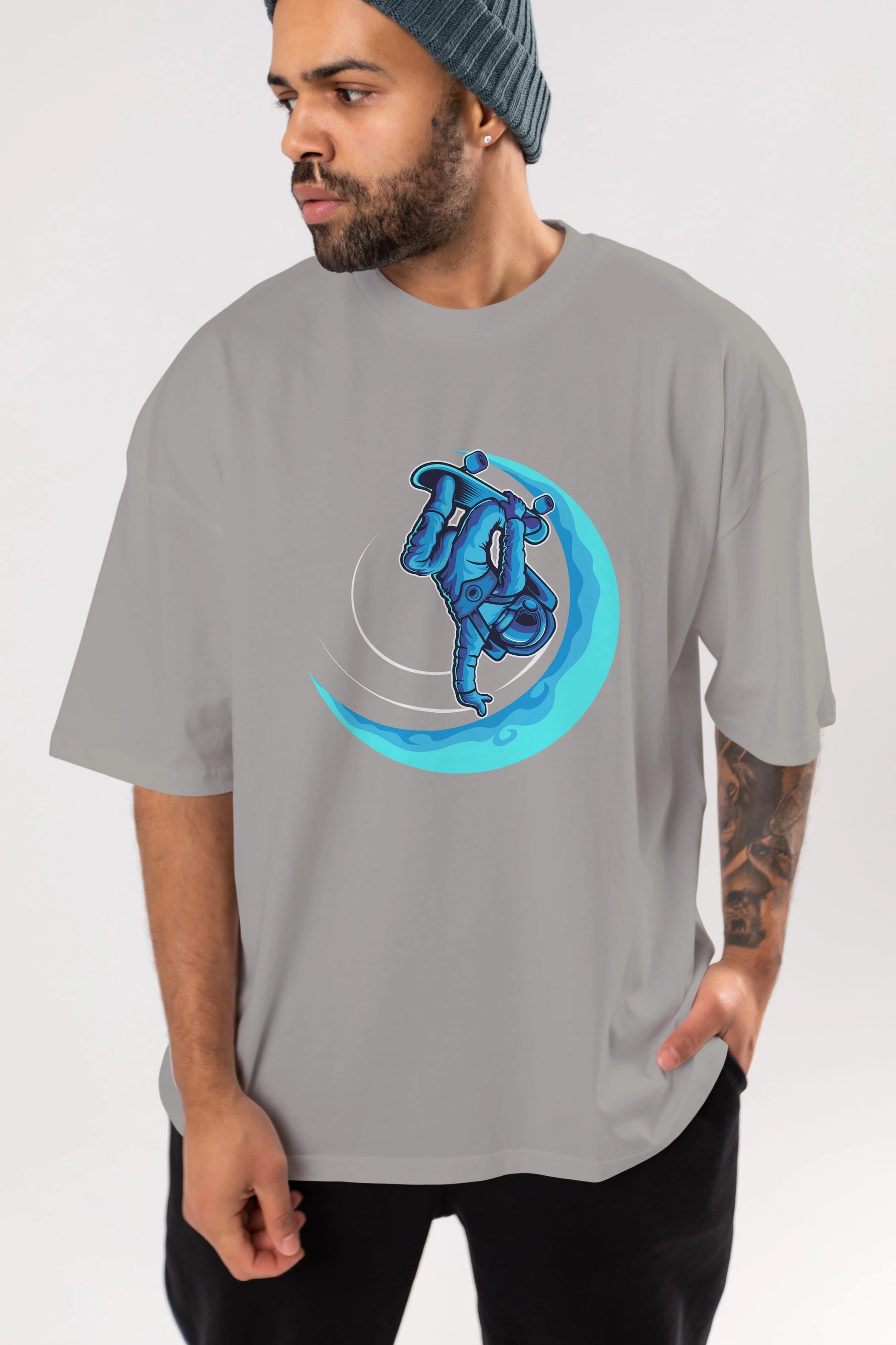 Skating on the moon Ön Baskılı Oversize t-shirt Erkek Kadın Unisex
