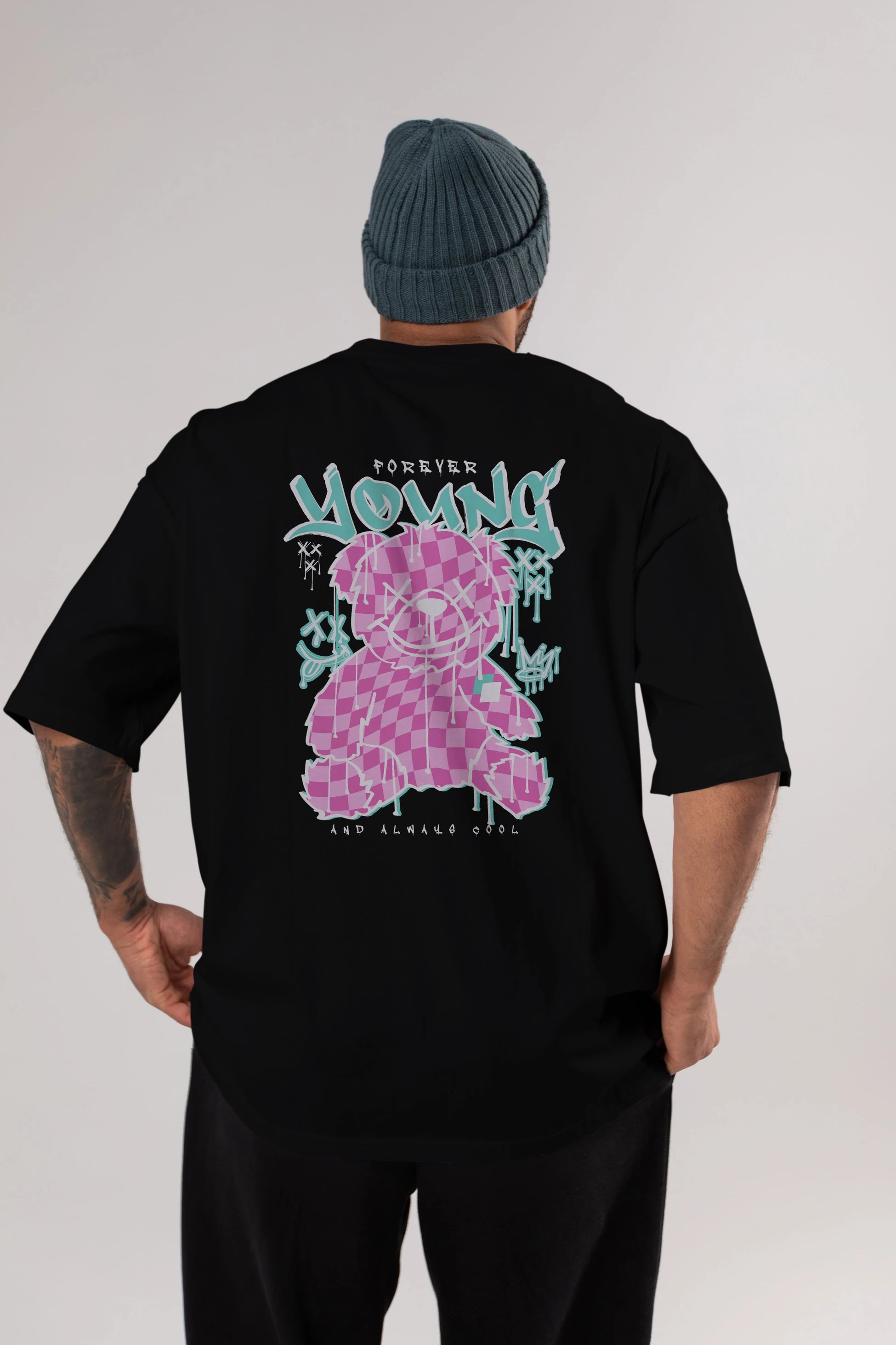 Young and Always Cool Bear Arka Baskılı Oversize t-shirt Erkek Kadın Unisex