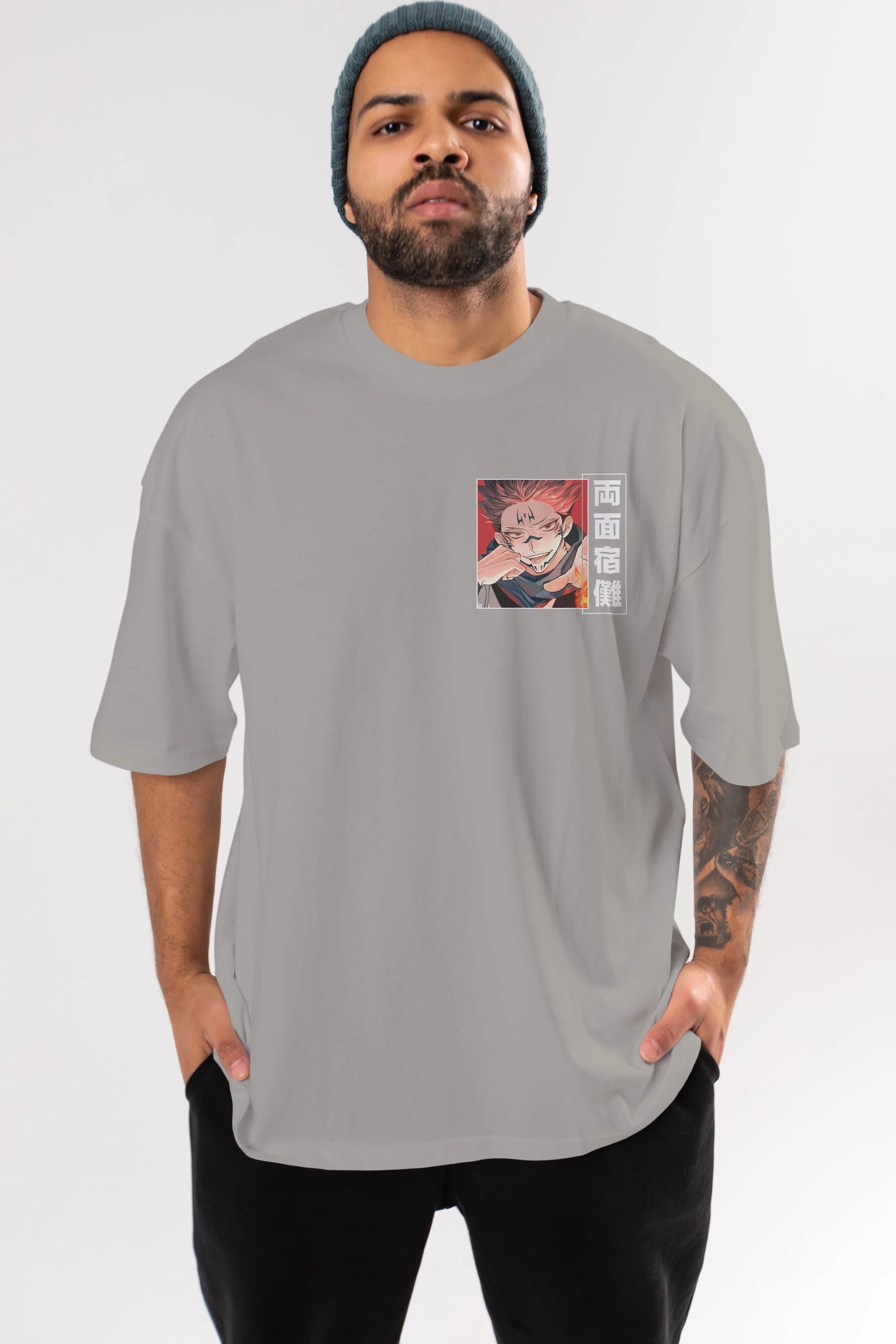 Sukuna Ryoumen 4 Ön Sol Baskılı Oversize t-shirt Erkek Kadın Unisex %100 Pamuk Bisiklet Yaka tişort