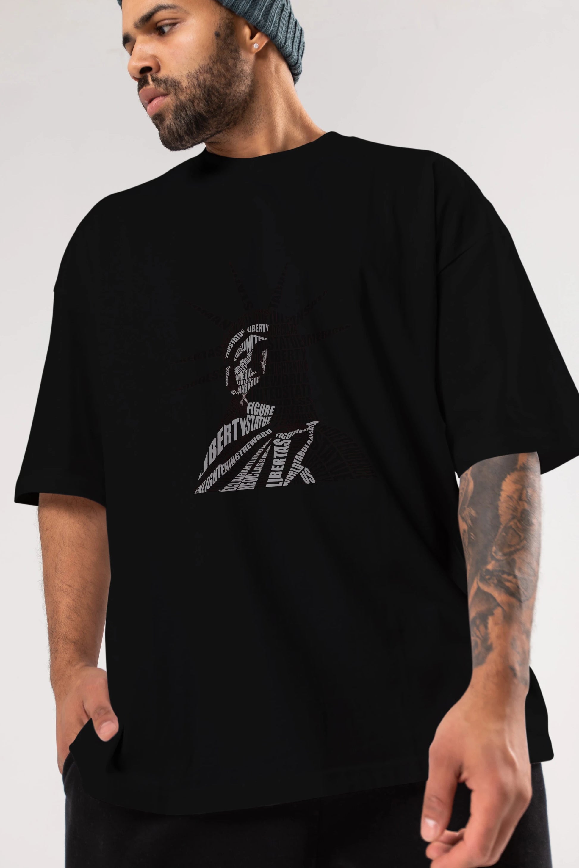 Liberty Statue Calligram Ön Baskılı Oversize t-shirt %100 pamuk Erkek Kadın Unisex