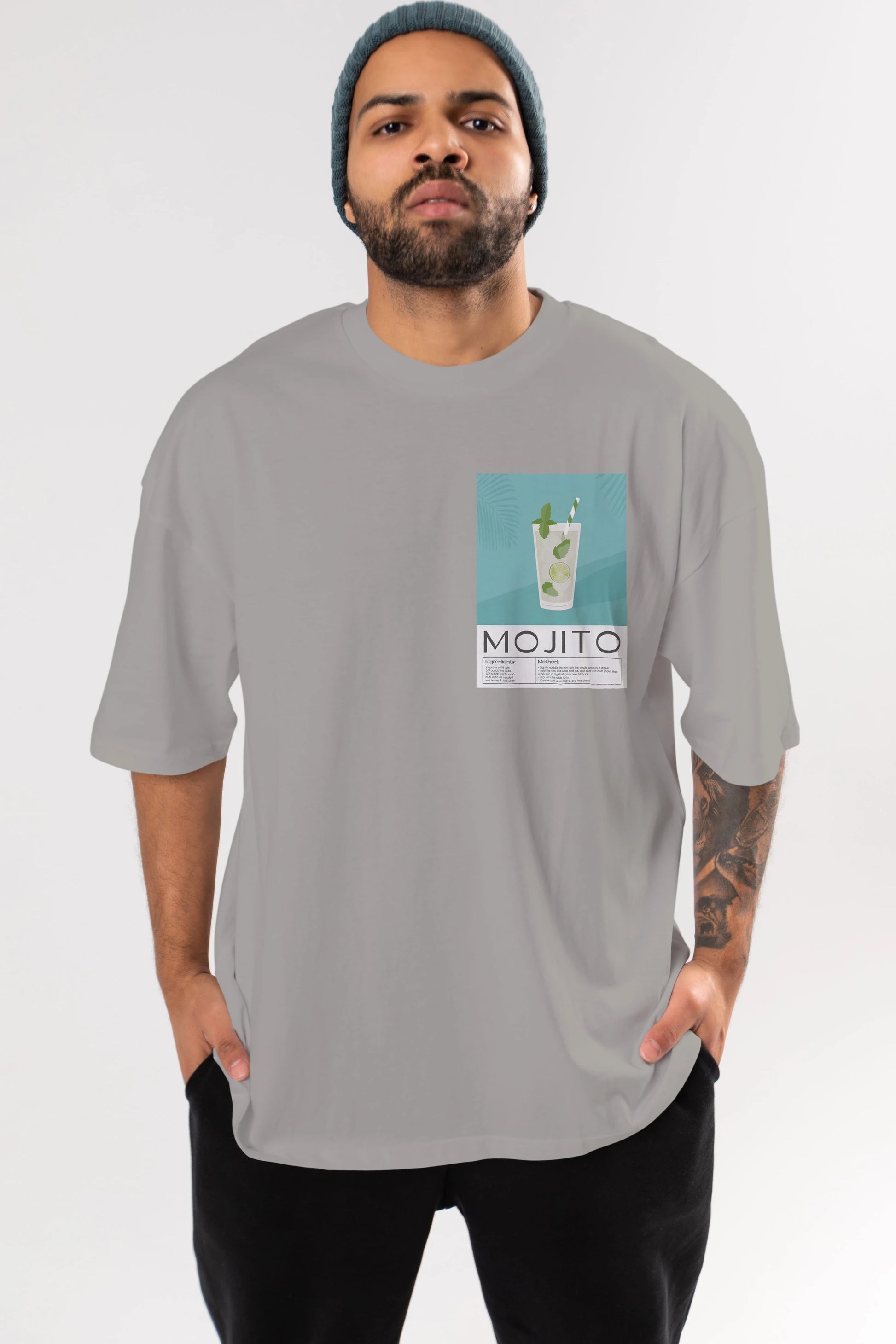 Mojito 4 Ön Sol Baskılı Oversize t-shirt Erkek Kadın Unisex %100 Pamuk Bisiklet Yaka tişort