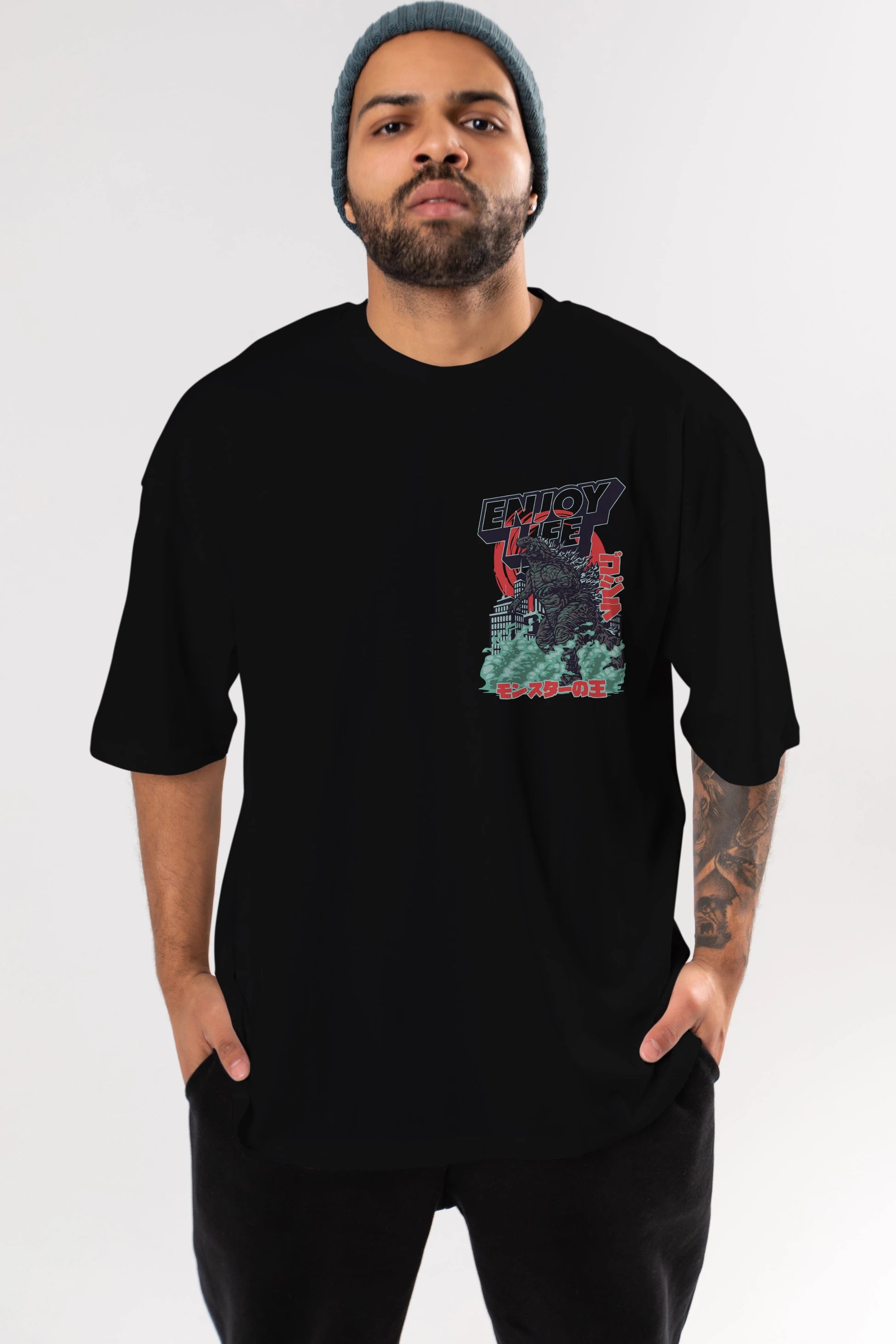 Godzilla Ön Sol Baskılı Oversize t-shirt Erkek Kadın Unisex %100 Pamuk Bisiklet Yaka tişort