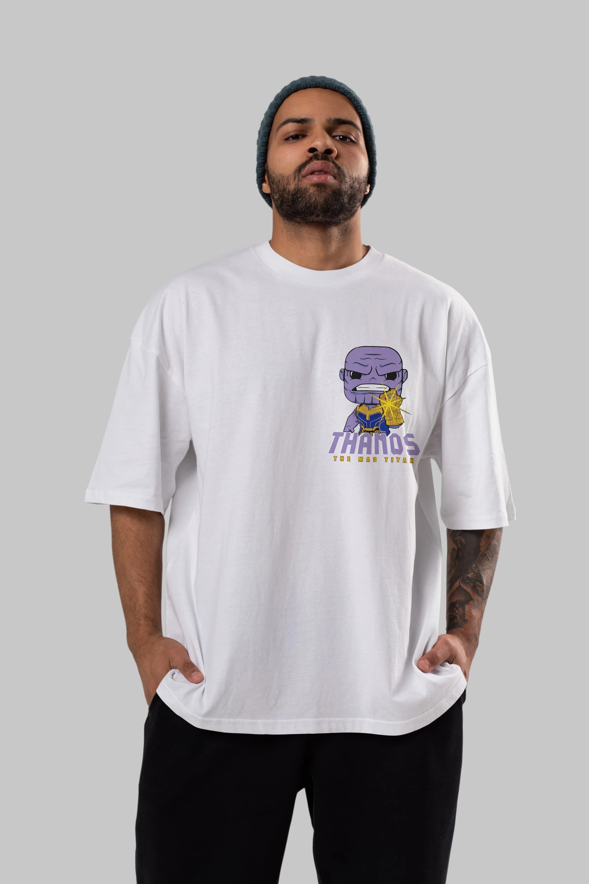 Thanos (1) Ön Sol Baskılı Oversize t-shirt Erkek Kadın Unisex %100 Pamuk Bisiklet Yaka tişort