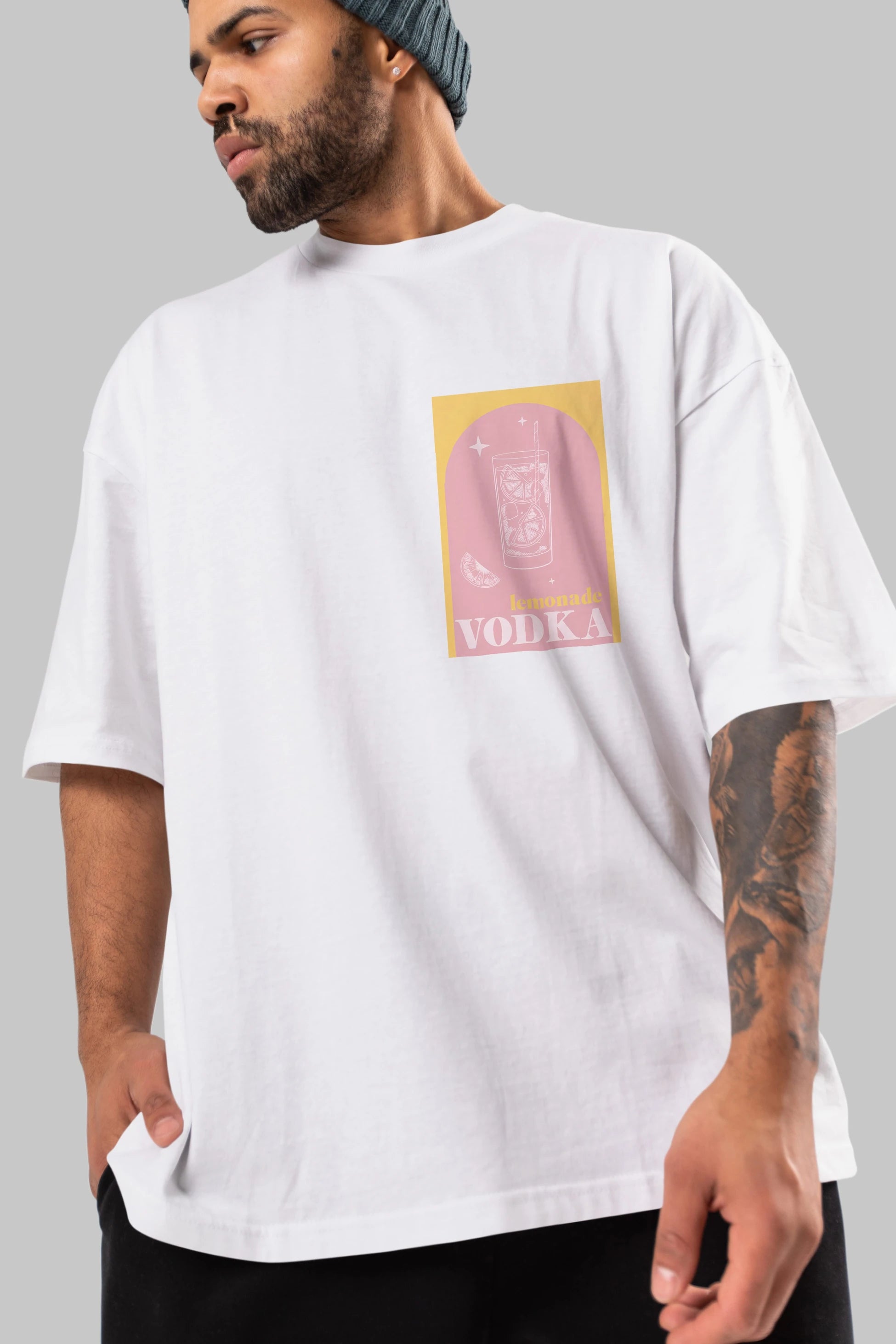 Vodka Limon Ön Sol Baskılı Oversize t-shirt Erkek Kadın Unisex %100 Pamuk Bisiklet Yaka tişort