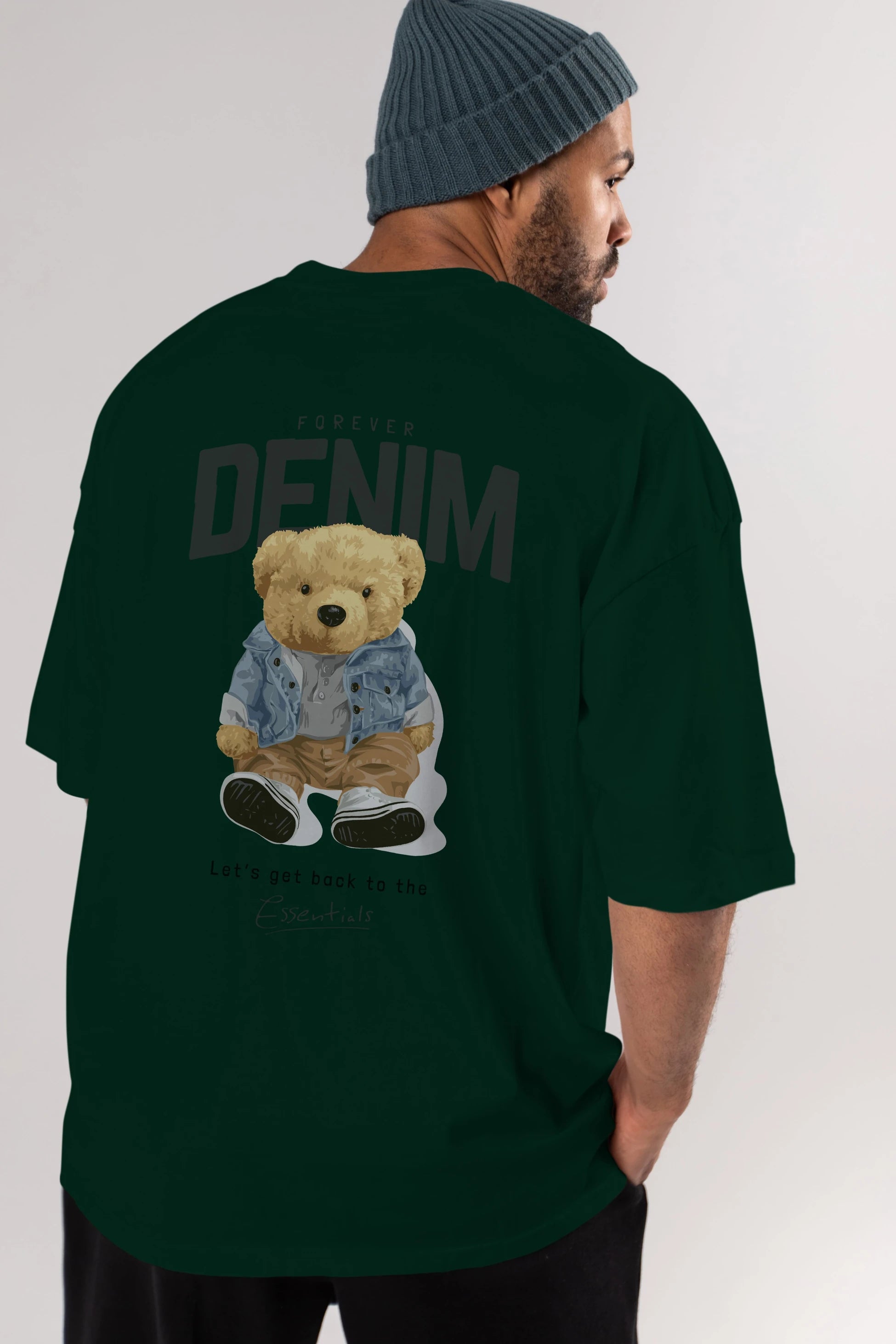Teddy Bear Forever Denim Arka Baskılı Oversize t-shirt Erkek Kadın Unisex %100 Pamuk