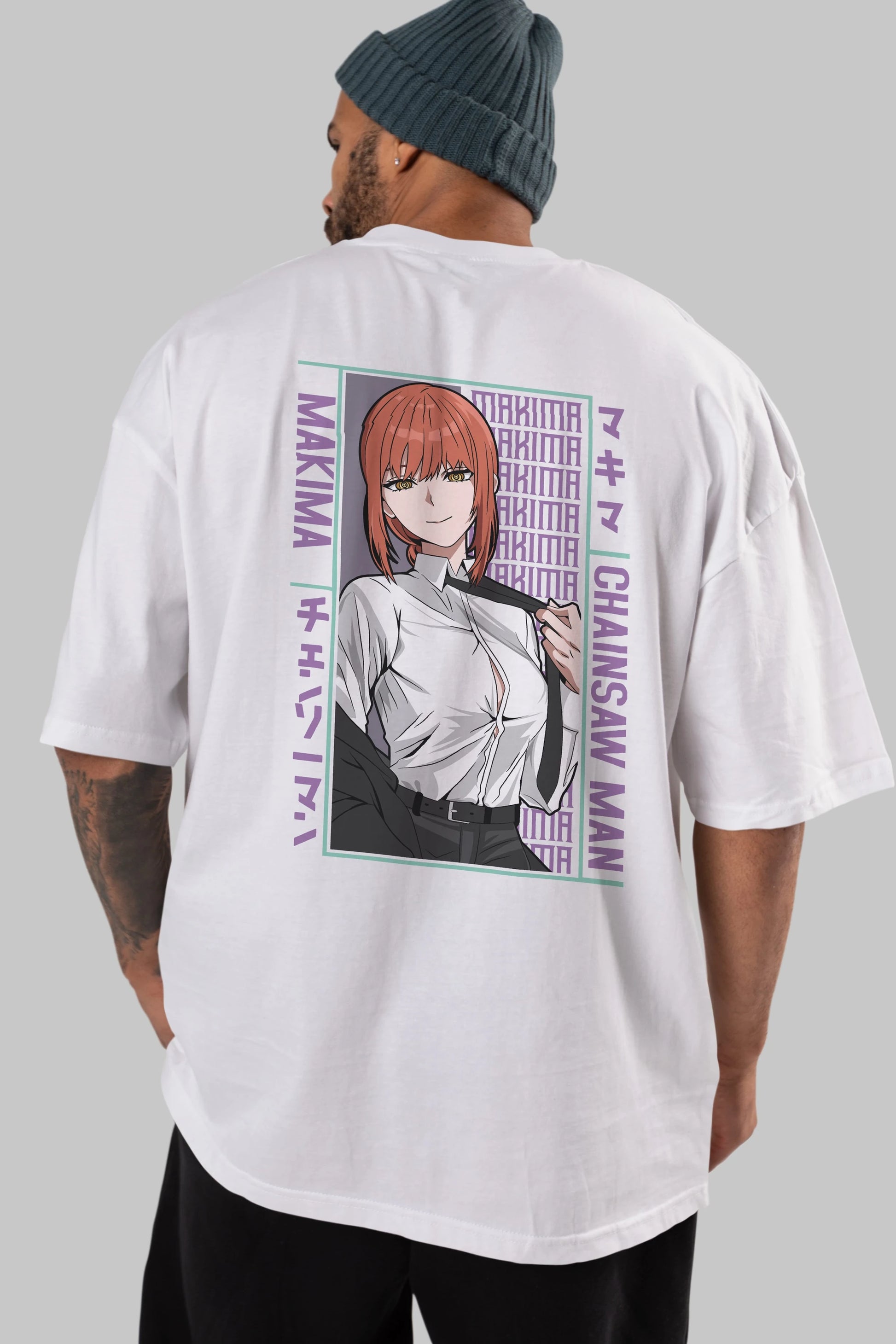 Makima Chain Saw Man Anime Arka Baskılı Oversize t-shirt Erkek Kadın Unisex