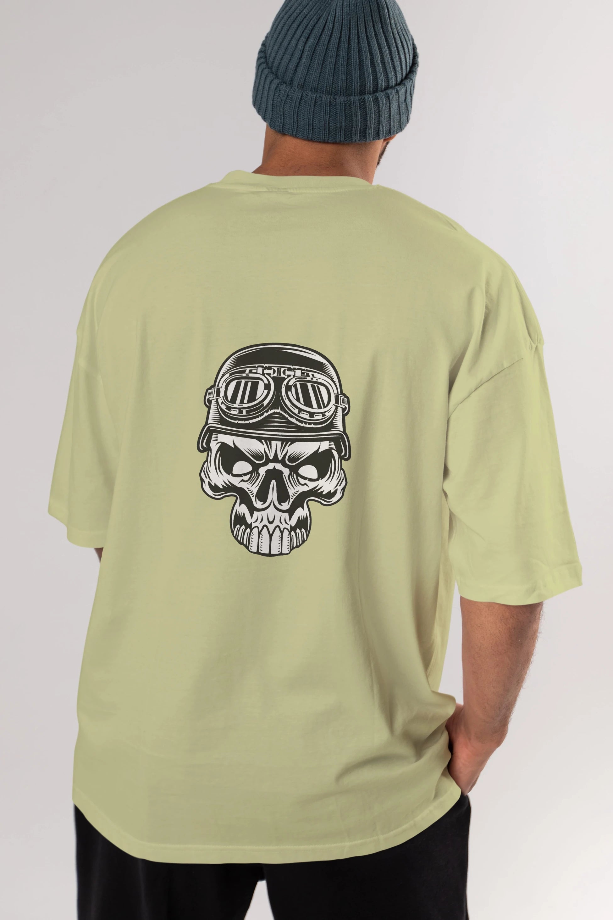 Biker Skull Helmet Arka Baskılı Oversize t-shirt Erkek Kadın Unisex %100 Pamuk tişort