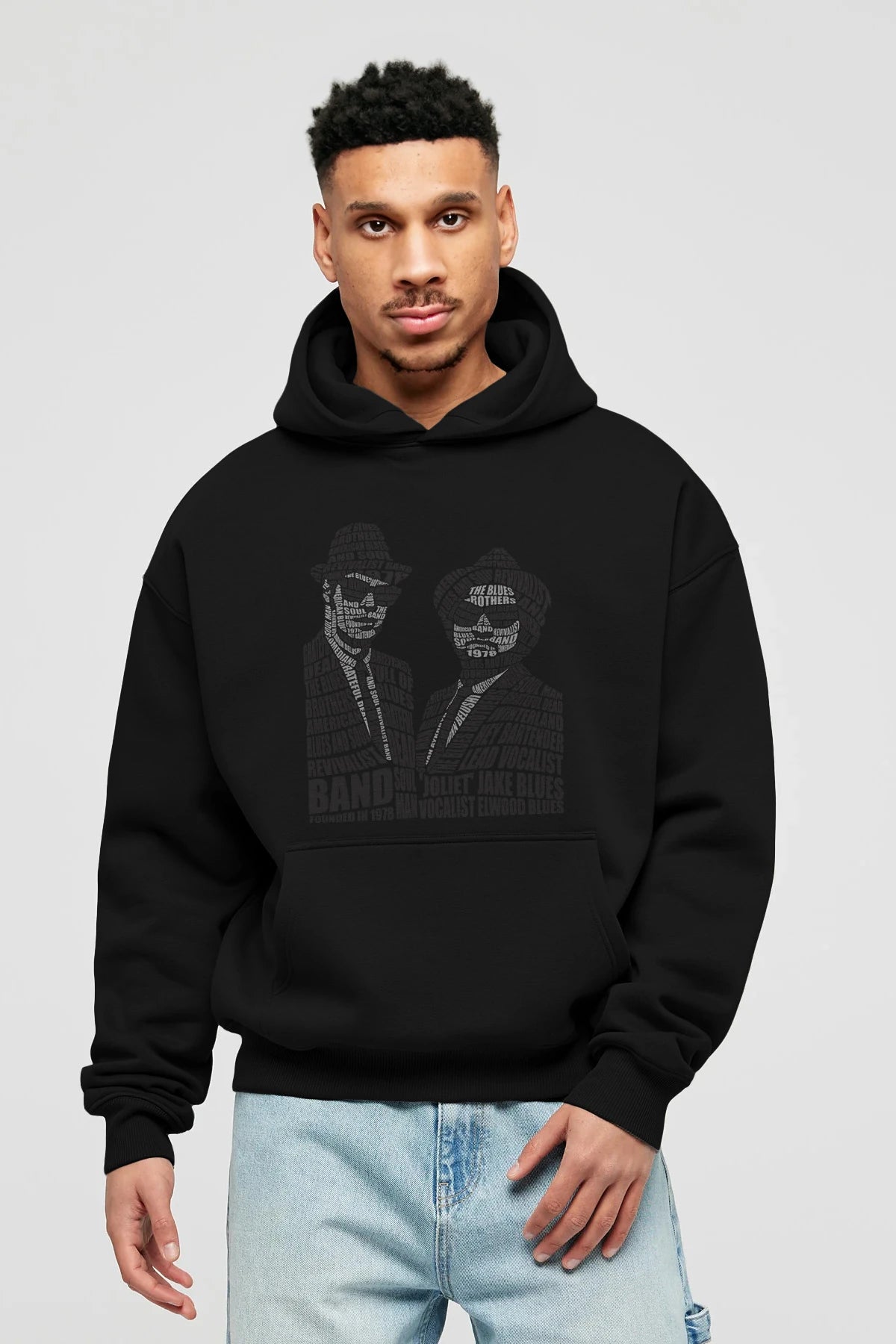 Blues Brothers Calligram Ön Baskılı Hoodie Oversize Kapüşonlu Sweatshirt Erkek Kadın Unisex