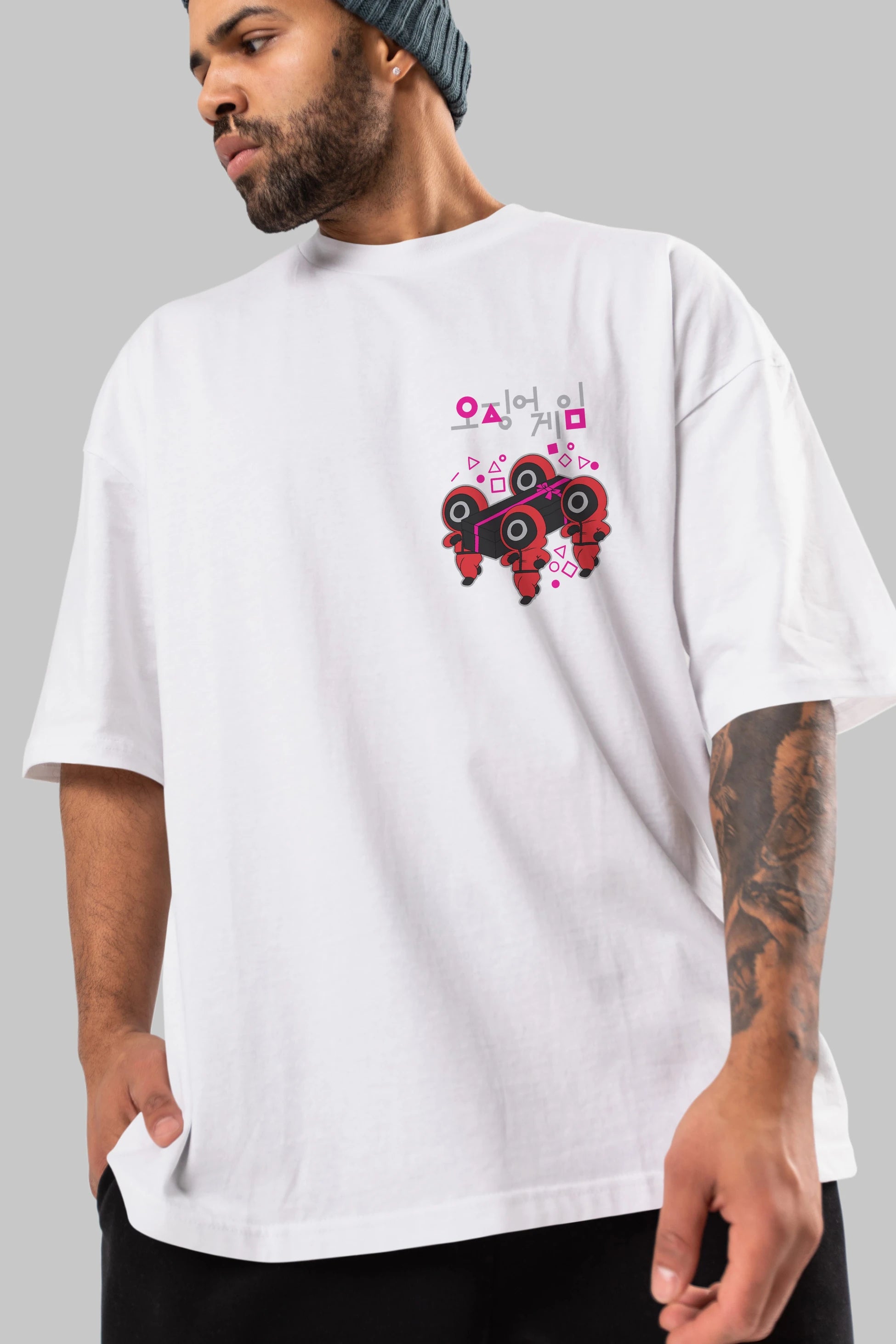 Squid Game (6) Ön Sol Baskılı Oversize t-shirt Erkek Kadın Unisex %100 Pamuk Bisiklet Yaka tişort