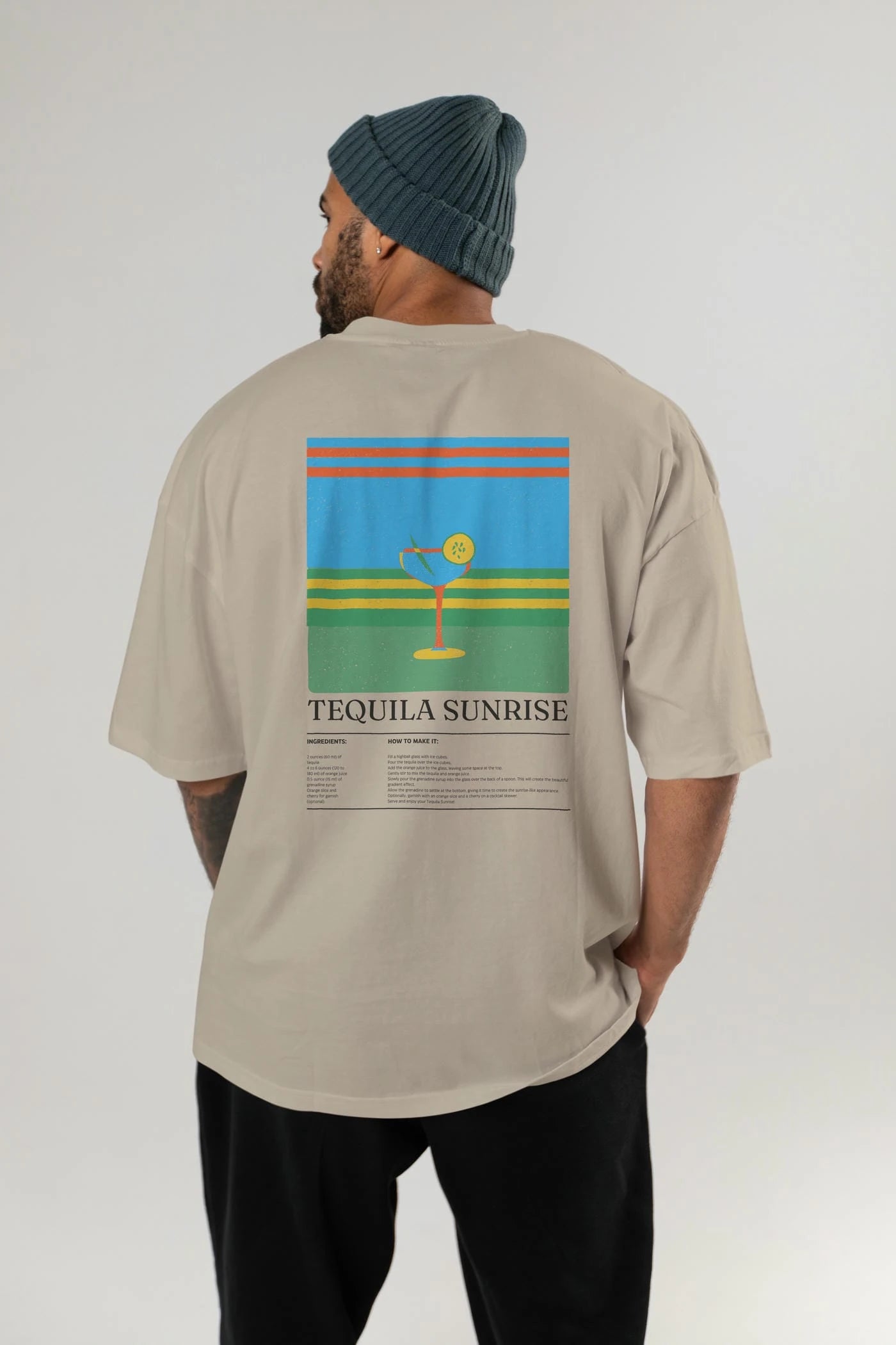 Tequila Sunrise Kokteyl Serisi Arka Baskılı Oversize t-shirt Erkek Kadın %100 Pamuk Bisiklet Yaka tişort