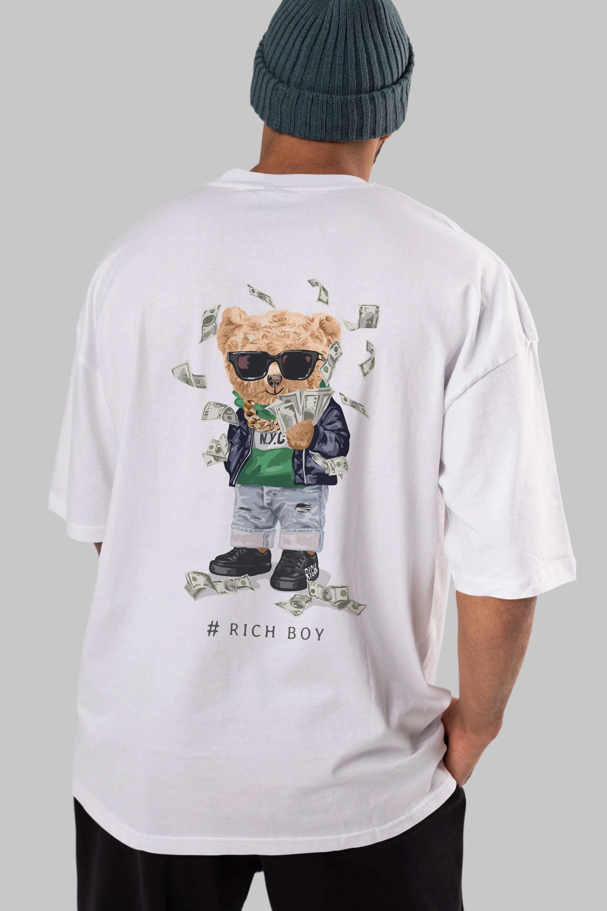 Teddy Bear Rich Boy Arka Baskılı Oversize t-shirt Erkek Kadın Unisex %100 Pamuk