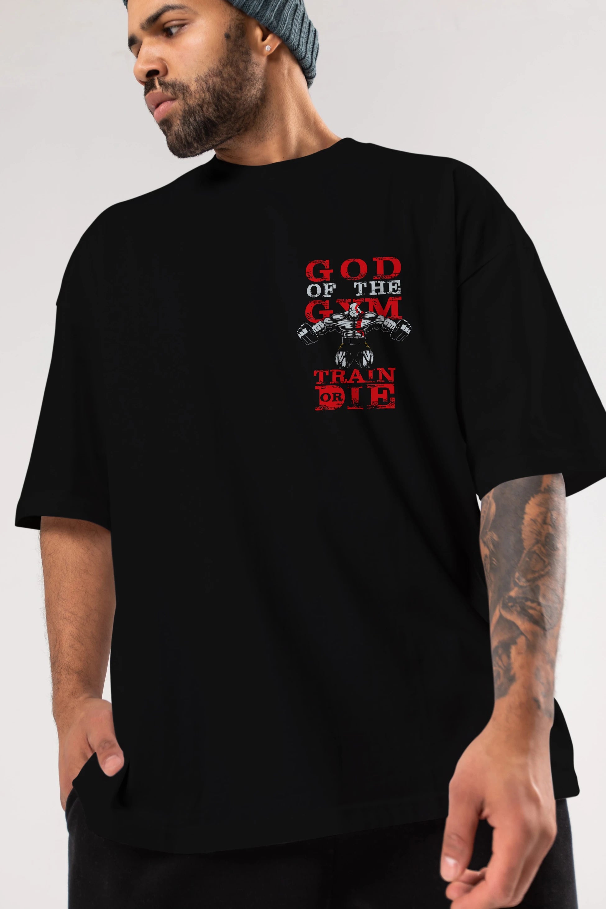 God of The GYM Ön Sol Baskılı Oversize t-shirt Erkek Kadın Unisex %100 Pamuk Bisiklet Yaka tişort