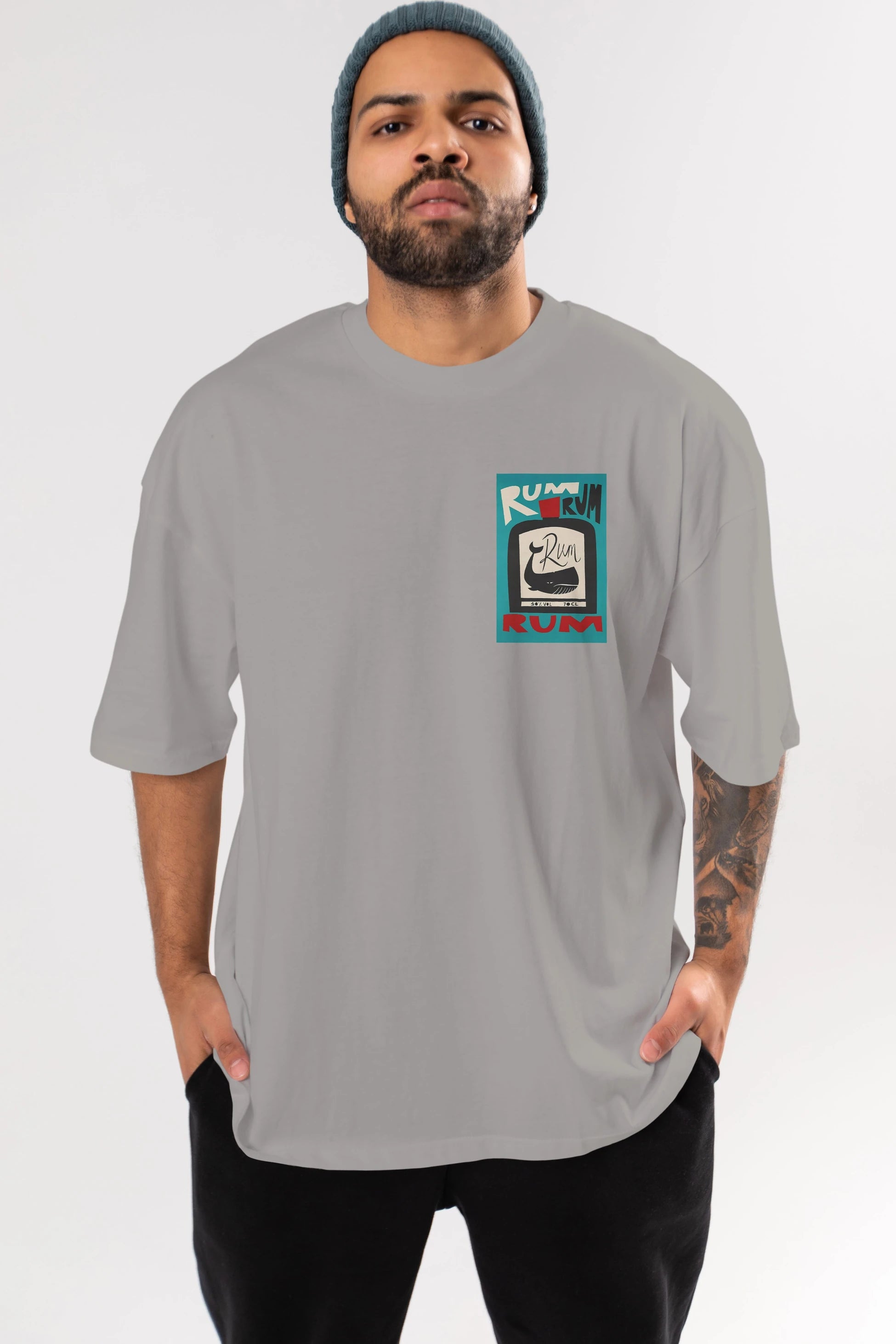 Rum Ön Sol Baskılı Oversize t-shirt Erkek Kadın Unisex %100 Pamuk Bisiklet Yaka tişort